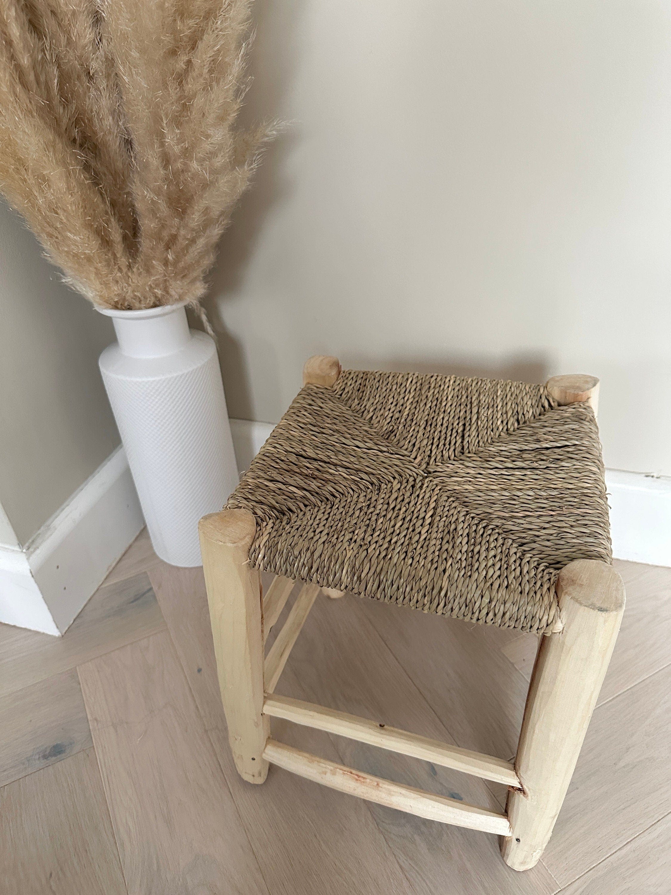 Moroccan Style Stool – Natural Wood, Hand-Knotted Seagrass, Woven Palm Leaves, Fully Assembled, Eco-Friendly