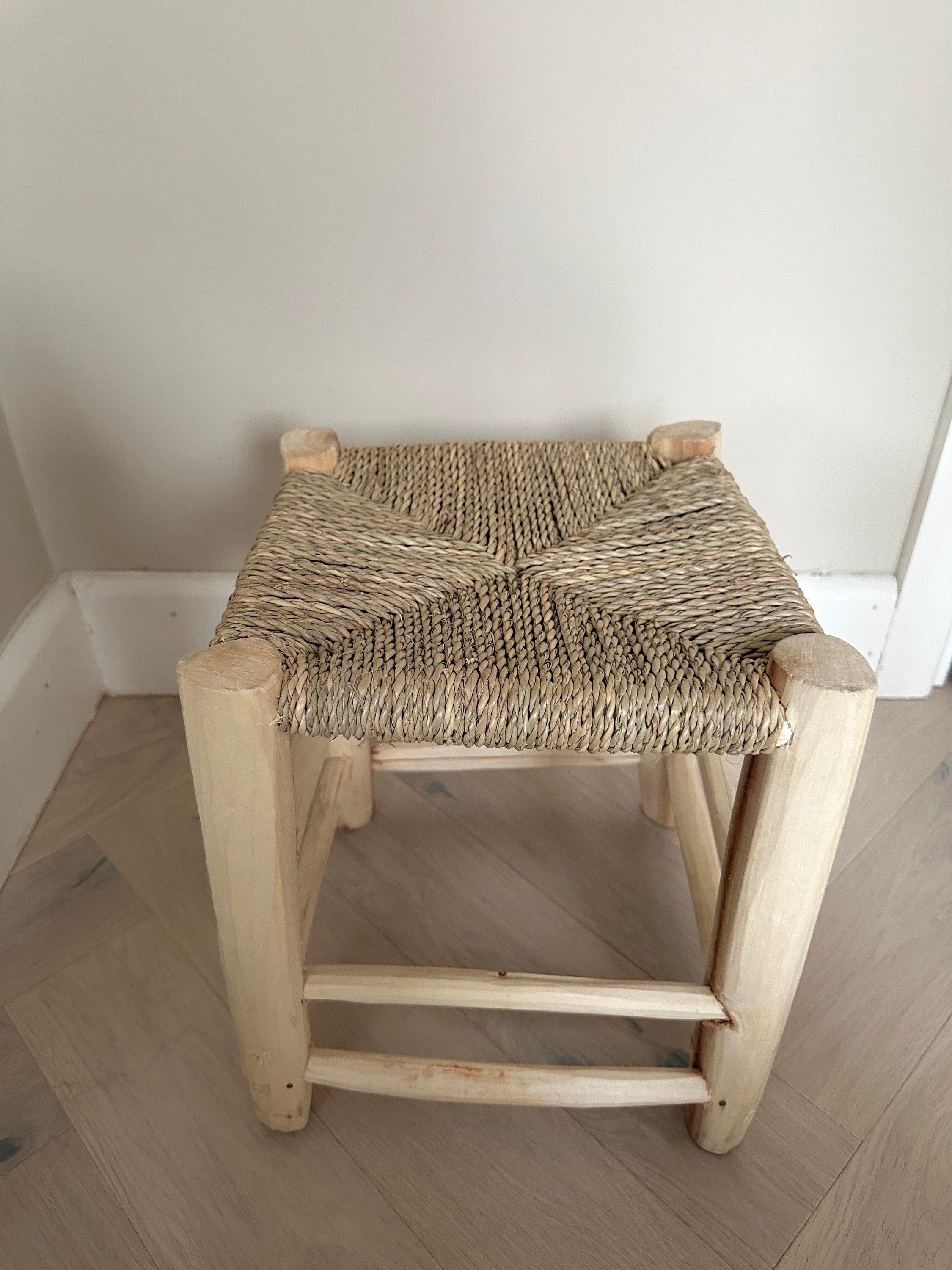 Moroccan Style Stool – Natural Wood, Hand-Knotted Seagrass, Woven Palm Leaves, Fully Assembled, Eco-Friendly