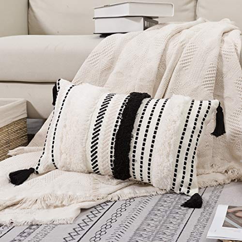 Moroccan Tufted Boho Throw Pillow Cover with Tassels, Soft Fabric, Decorative Lumbar Pillow Cover for Bedroom, Living Room, 12 x 20 Inches, Black and White Stripe