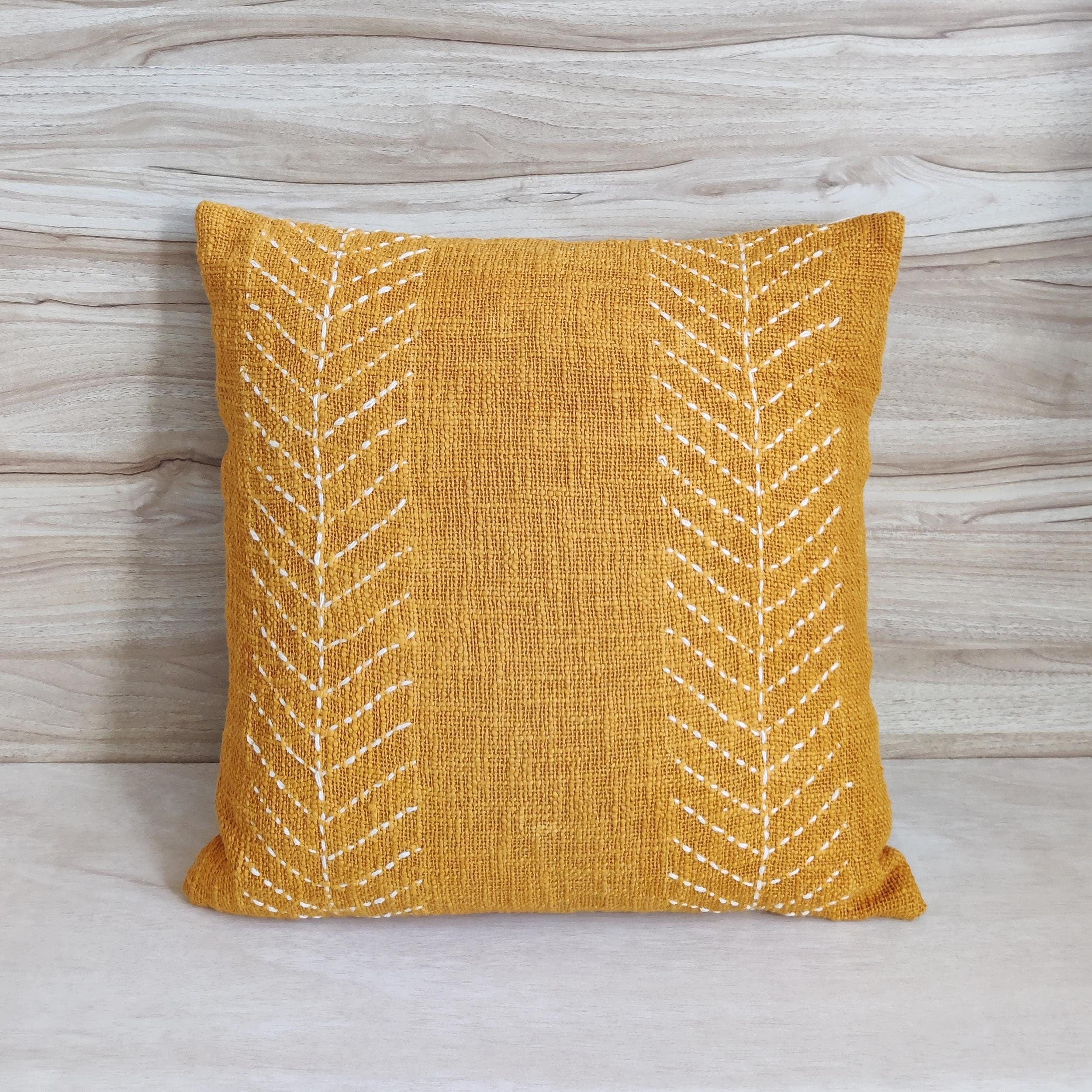 Mustard Yellow Hand Kantha Embroidered Boho Cushion Cover, 18x18 Inch, 100% Cotton, Textured Throw Pillow Case