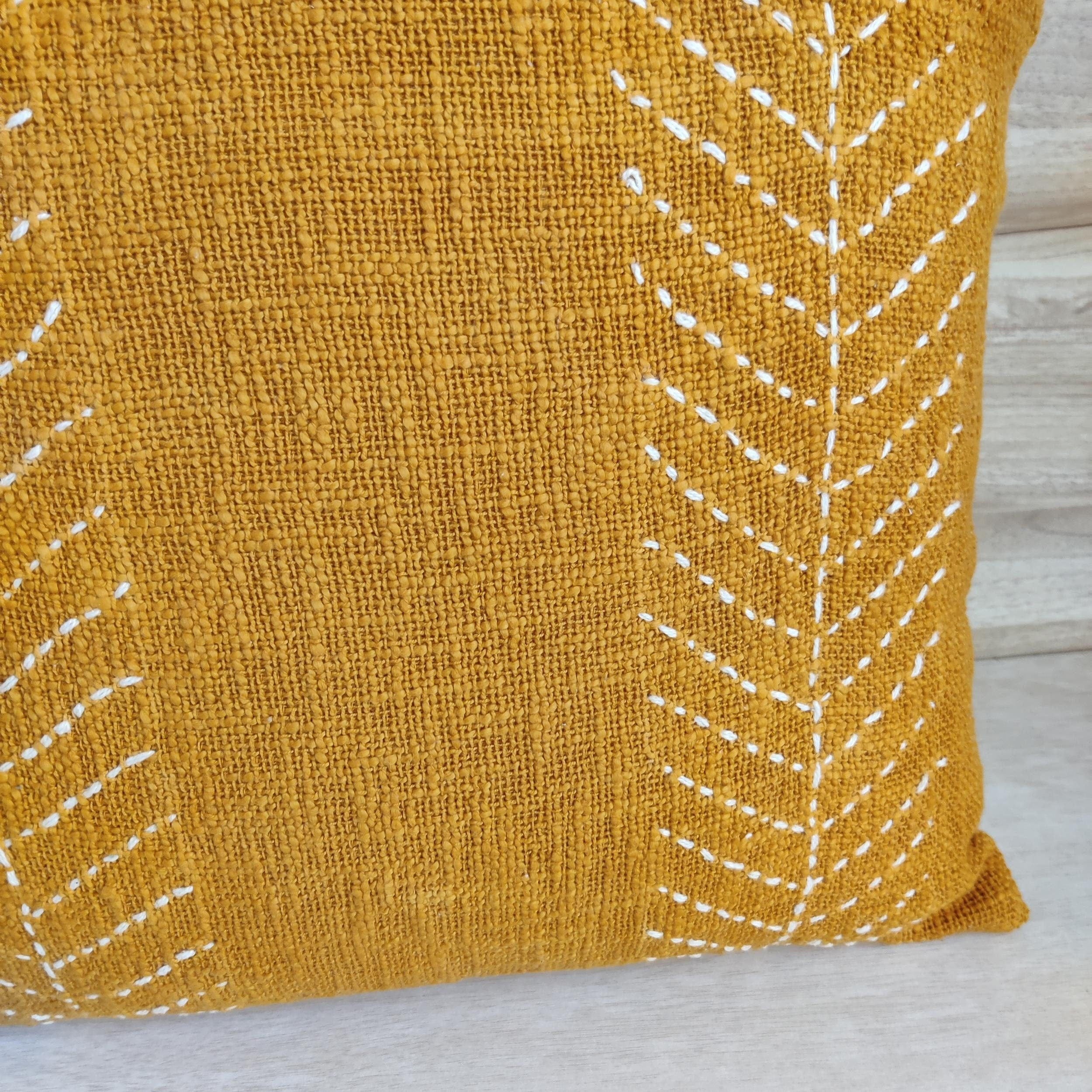 Mustard Yellow Hand Kantha Embroidered Boho Cushion Cover, 18x18 Inch, 100% Cotton, Textured Throw Pillow Case