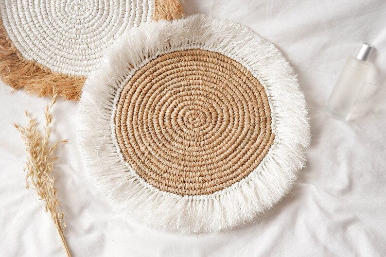 Natural Fringed Raffia Basket Wall Decor - Boho Seagrass Hanging Wall Basket - Coastal Home Bohemian Wall Art brown