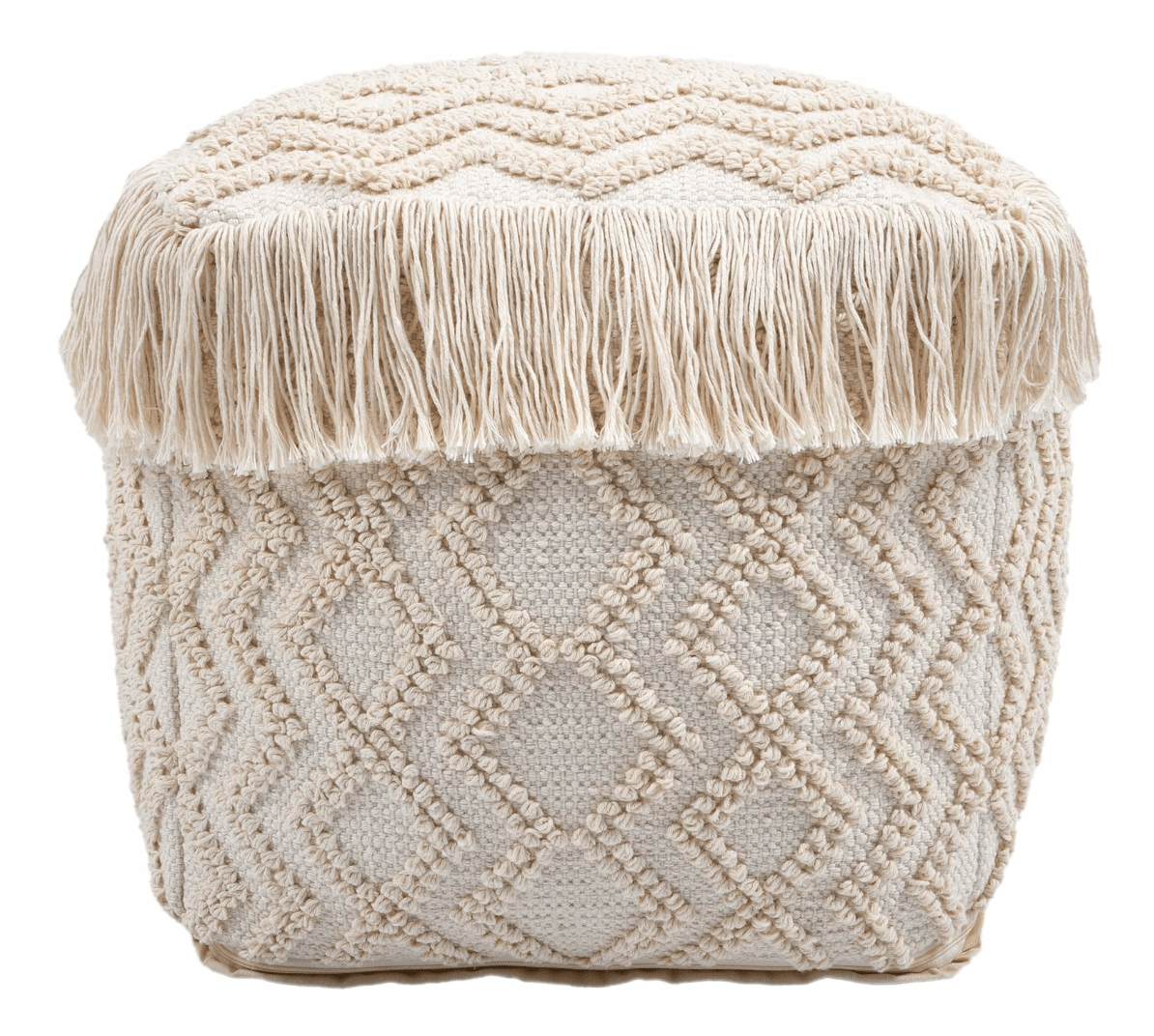 Natural Geometric Square Fabric Pouf Ottoman, 18-inch, Handcrafted with Soft 100% Cotton, Stylish Inca Patterns and Fringe, Lightweight and Comfortable Footrest or Seat