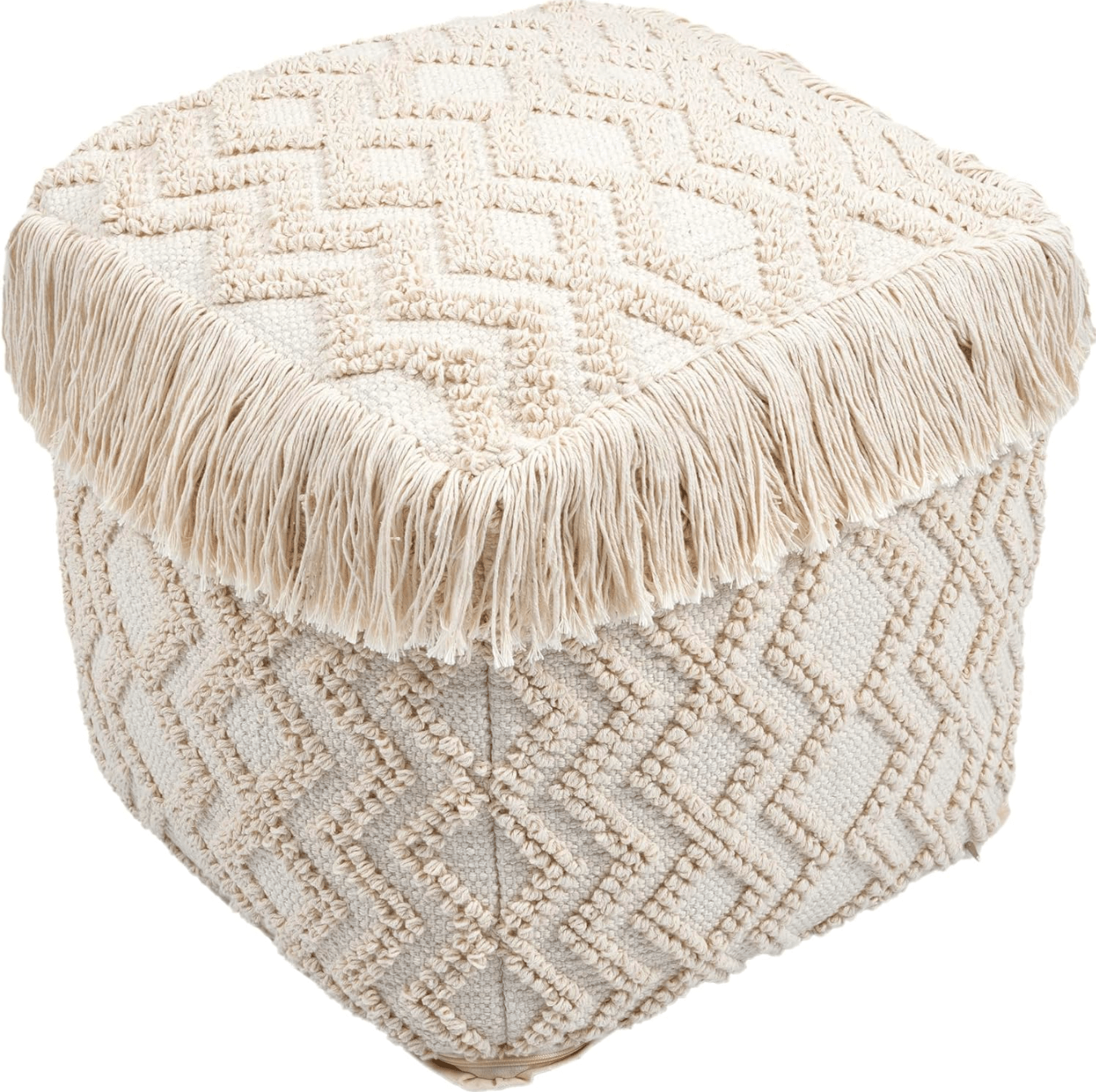 Natural Geometric Square Fabric Pouf Ottoman, 18-inch, Handcrafted with Soft 100% Cotton, Stylish Inca Patterns and Fringe, Lightweight and Comfortable Footrest or Seat