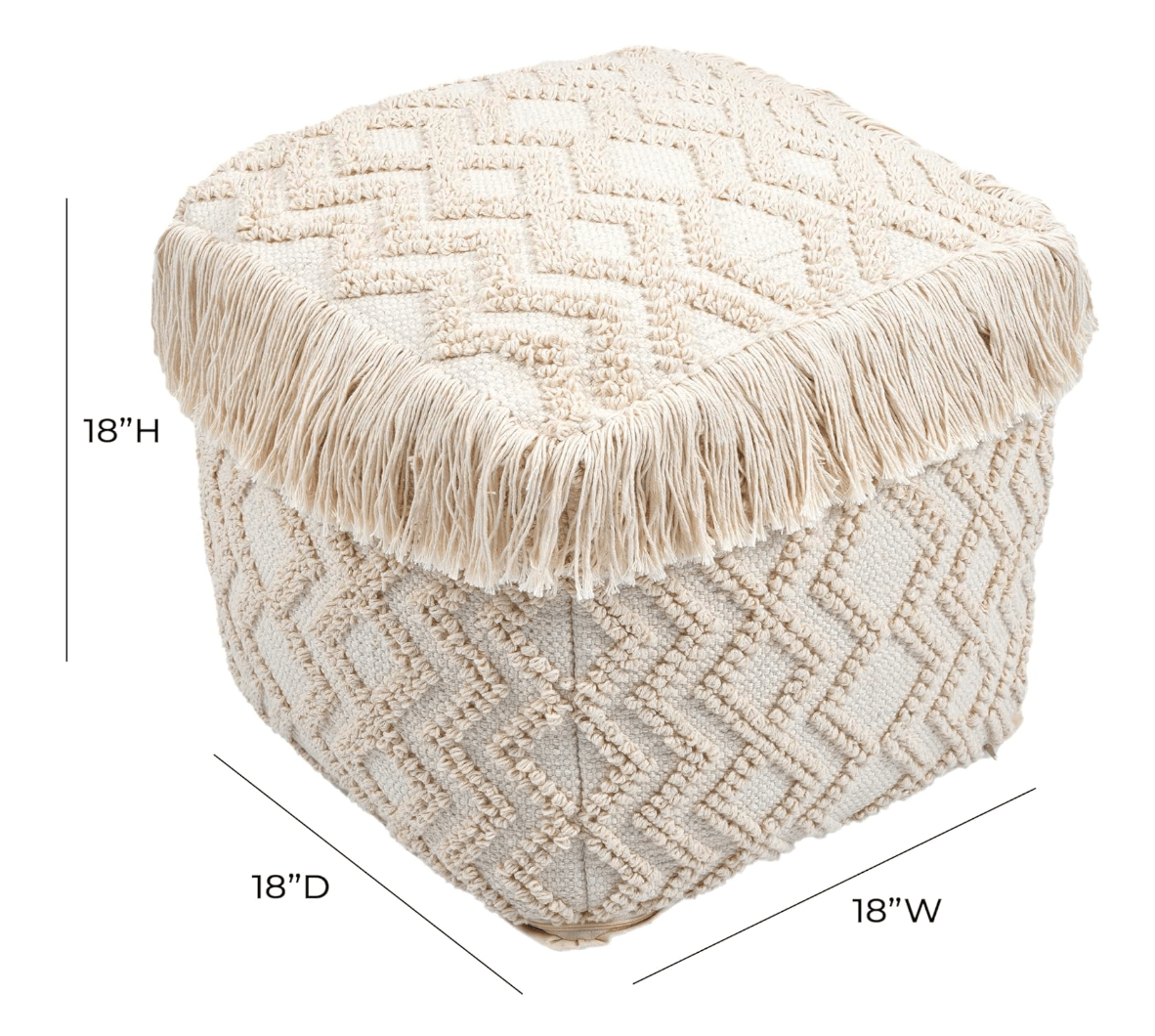 Natural Geometric Square Fabric Pouf Ottoman, 18-inch, Handcrafted with Soft 100% Cotton, Stylish Inca Patterns and Fringe, Lightweight and Comfortable Footrest or Seat