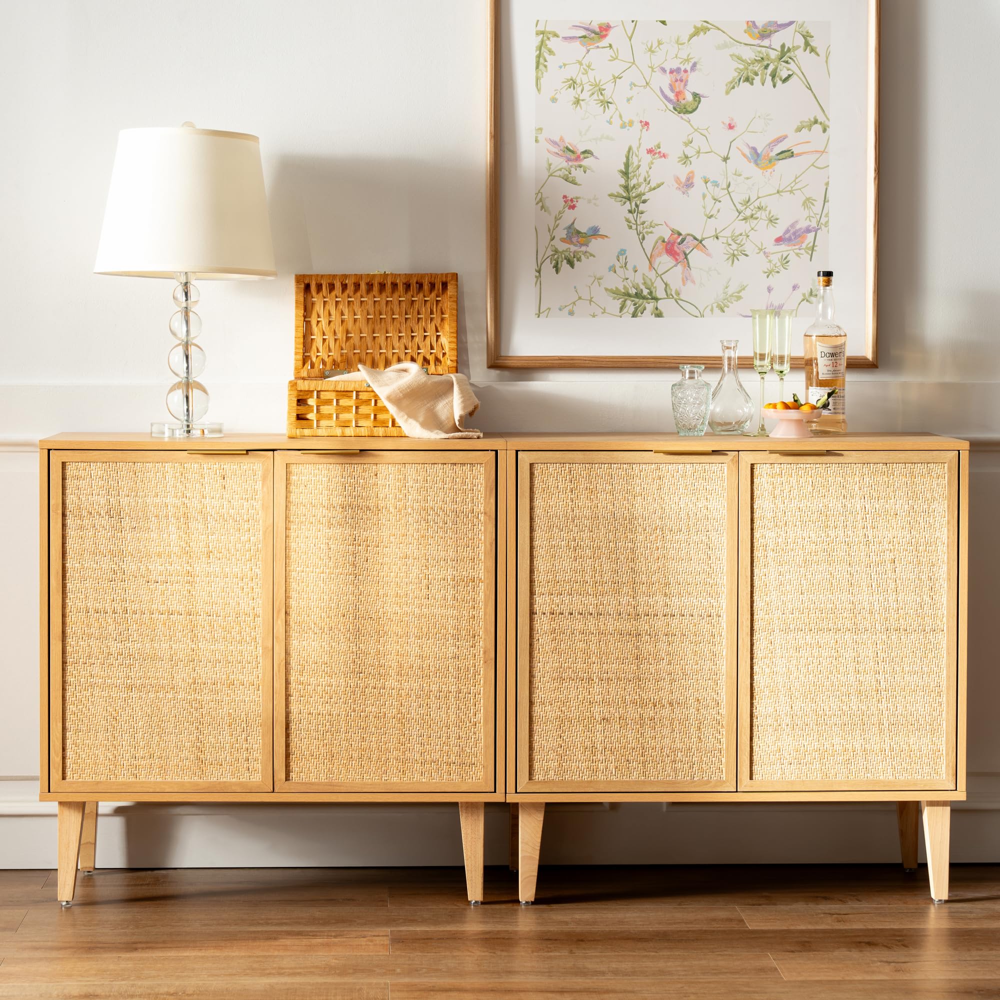 Natural Oak Accent Storage Cabinet Set of 2 with Rattan Doors - Boho Sideboard, Kitchen Bar Cabinet, Farmhouse Credenza with Adjustable Shelves for Living Room 2pc