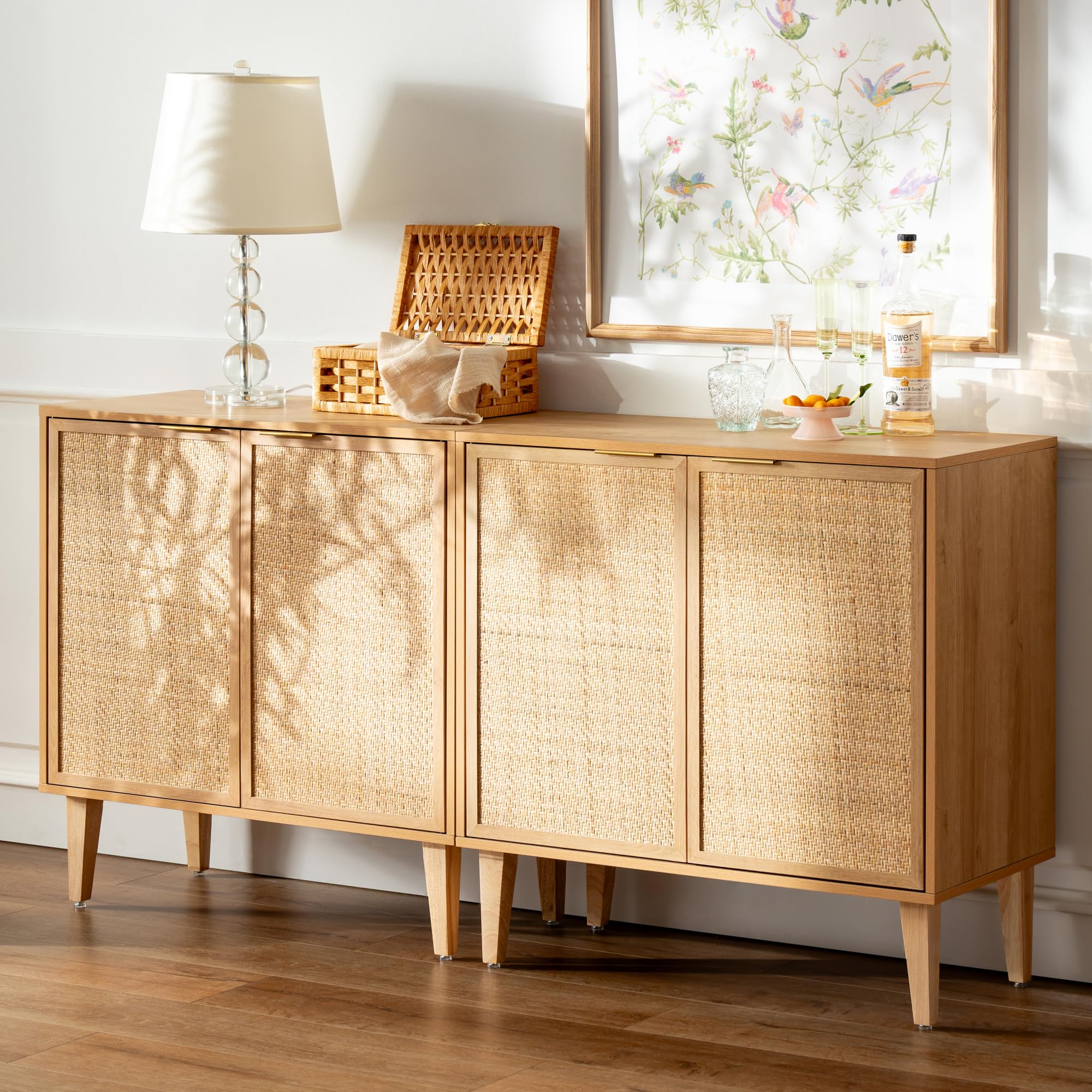 Natural Oak Accent Storage Cabinet Set of 2 with Rattan Doors - Boho Sideboard, Kitchen Bar Cabinet, Farmhouse Credenza with Adjustable Shelves for Living Room