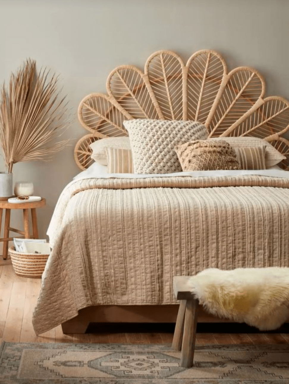 Natural Petal Rattan Full Headboard - Bohemian Tropical Decor - Artisan Craftsmanship Queen