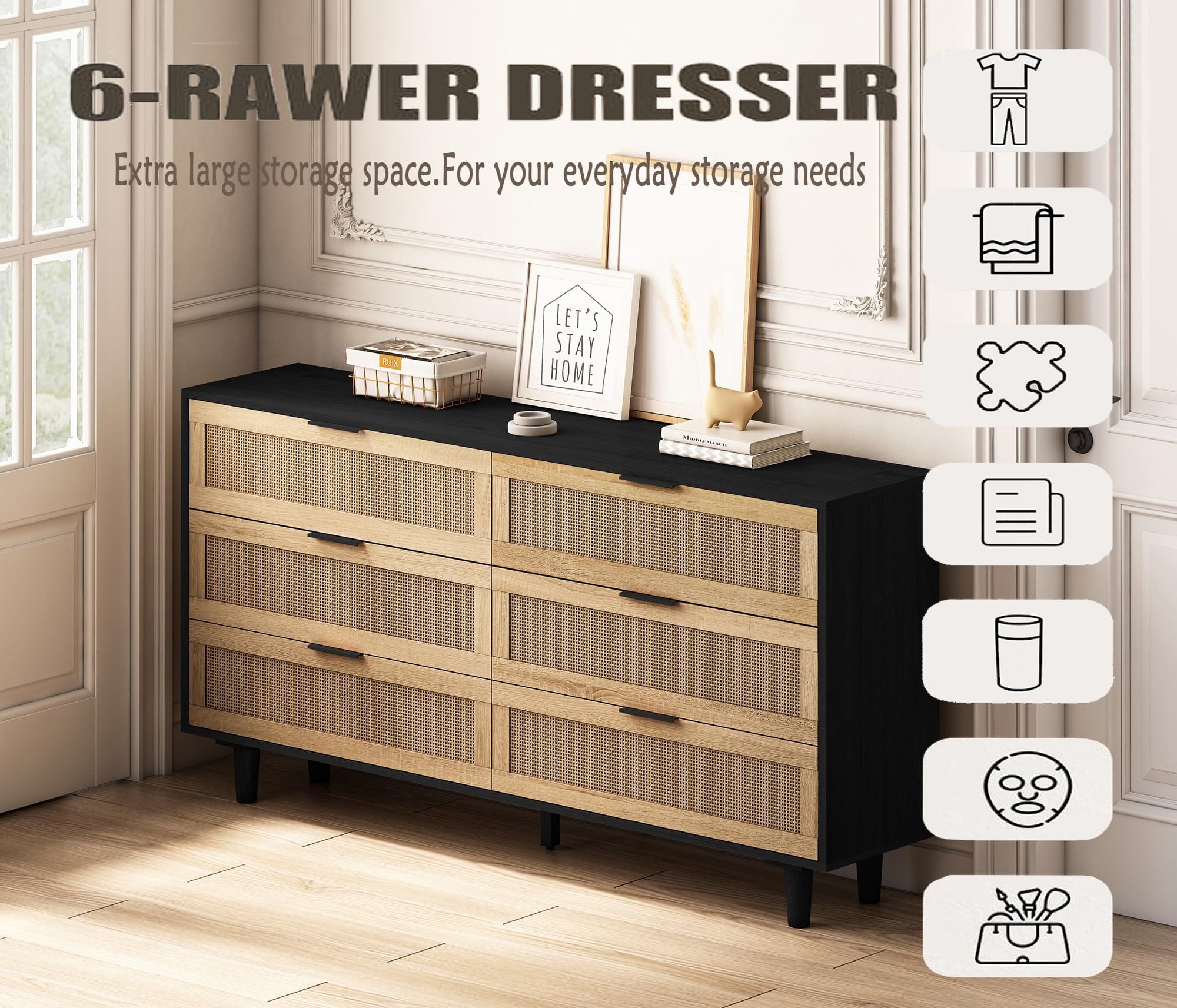 Natural Rattan 6 Drawer Double Dresser - Modern Drawer Chest with Black Handles - Wooden Storage Wardrobe Dresser for Bedroom, Living Room, Hallway - Floor Standing Storage Cabinet