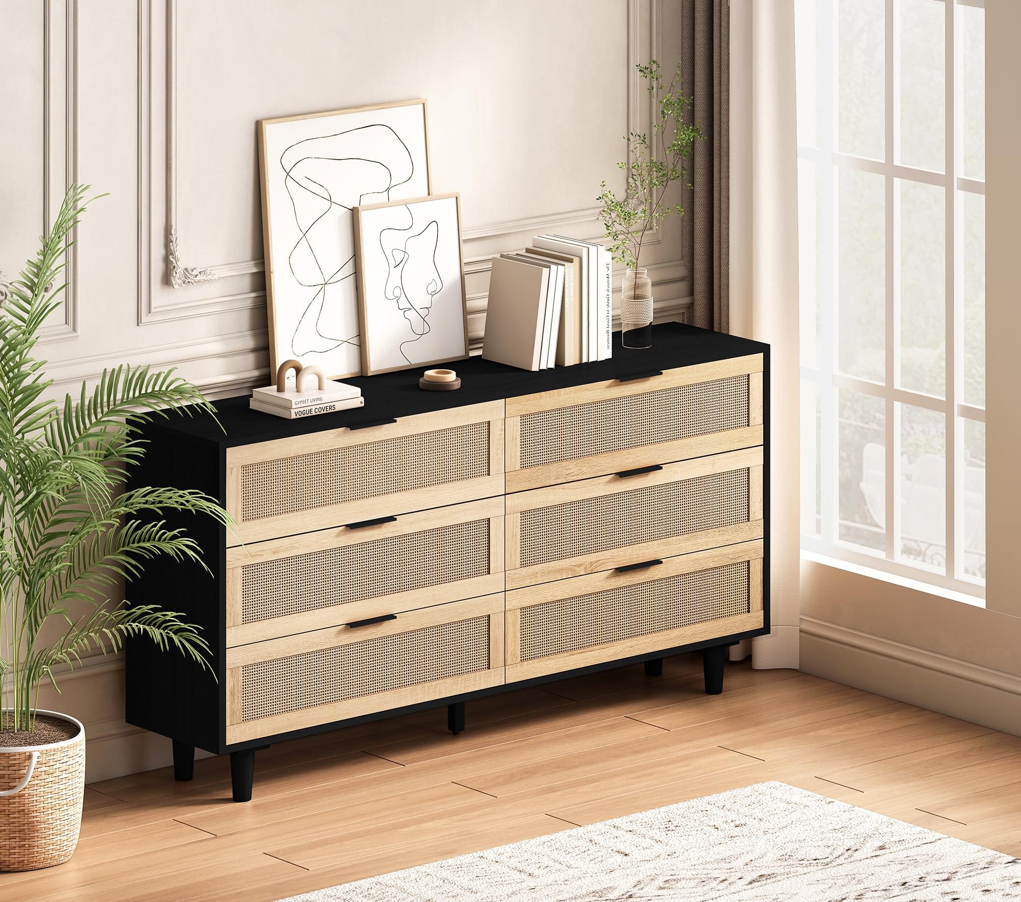 Natural Rattan 6 Drawer Double Dresser - Modern Drawer Chest with Black Handles - Wooden Storage Wardrobe Dresser for Bedroom, Living Room, Hallway - Floor Standing Storage Cabinet