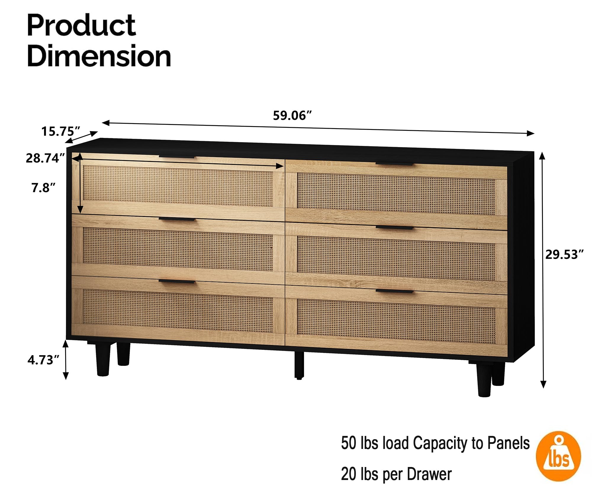 Natural Rattan 6 Drawer Double Dresser - Modern Drawer Chest with Black Handles - Wooden Storage Wardrobe Dresser for Bedroom, Living Room, Hallway - Floor Standing Storage Cabinet