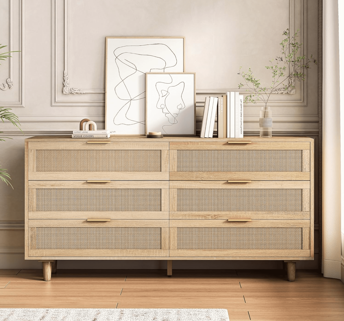 Natural Rattan 6 Drawer Double Dresser - Modern Drawer Chest with Black Handles - Wooden Storage Wardrobe Dresser for Bedroom, Living Room, Hallway - Floor Standing Storage Cabinet Natural