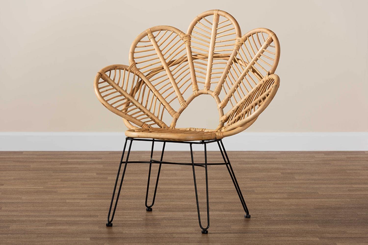 Natural Rattan and Black Metal Bohemian Accent Chair - Modern Design