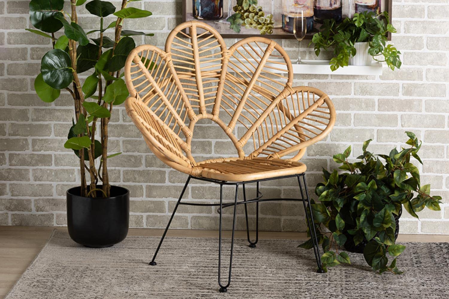 Natural Rattan and Black Metal Bohemian Accent Chair - Modern Design