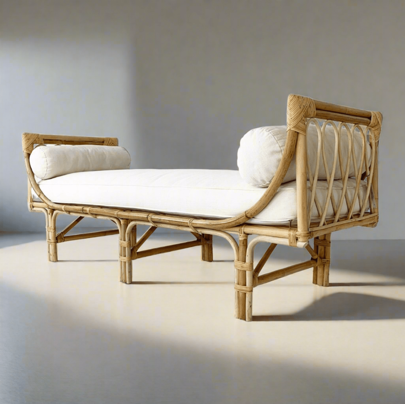 Natural Rattan Daybed - Bohemian Design with Removable Cushions and Pillows in Light Honey