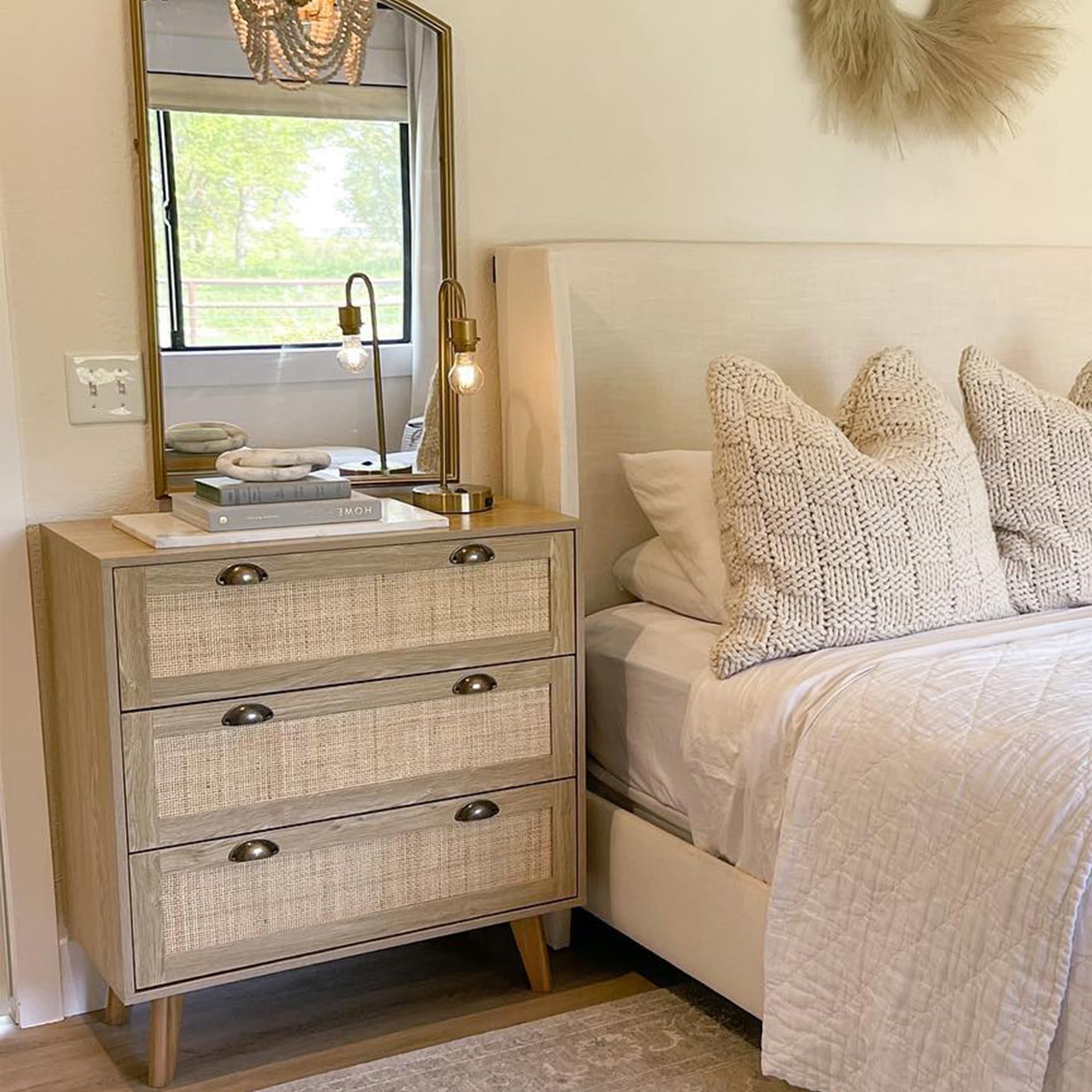 Natural Rattan Dresser Cabinet with Large Storage - Boho Chic, Mid-Century Modern Design - Versatile and Sturdy Nightstand