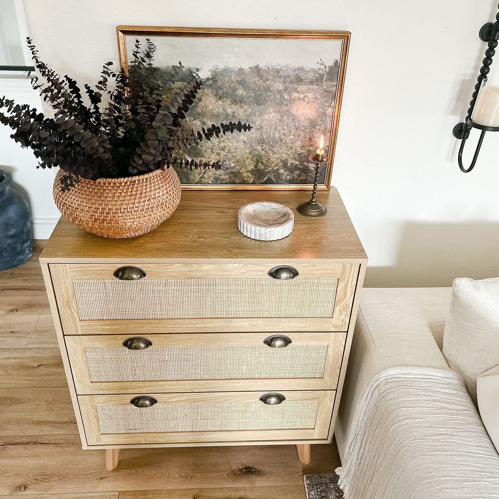 Natural Rattan Dresser Cabinet with Large Storage - Boho Chic, Mid-Century Modern Design - Versatile and Sturdy Nightstand