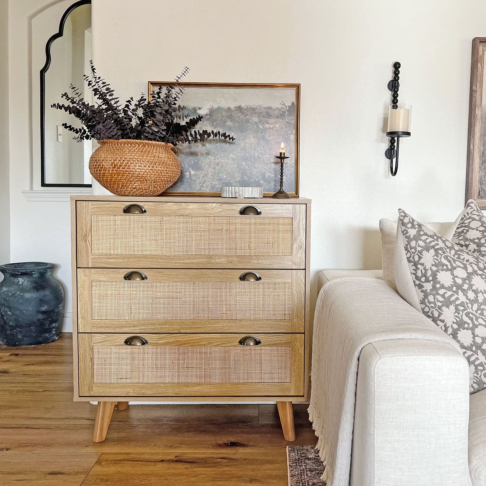 Natural Rattan Dresser Cabinet with Large Storage - Boho Chic, Mid-Century Modern Design - Versatile and Sturdy Nightstand