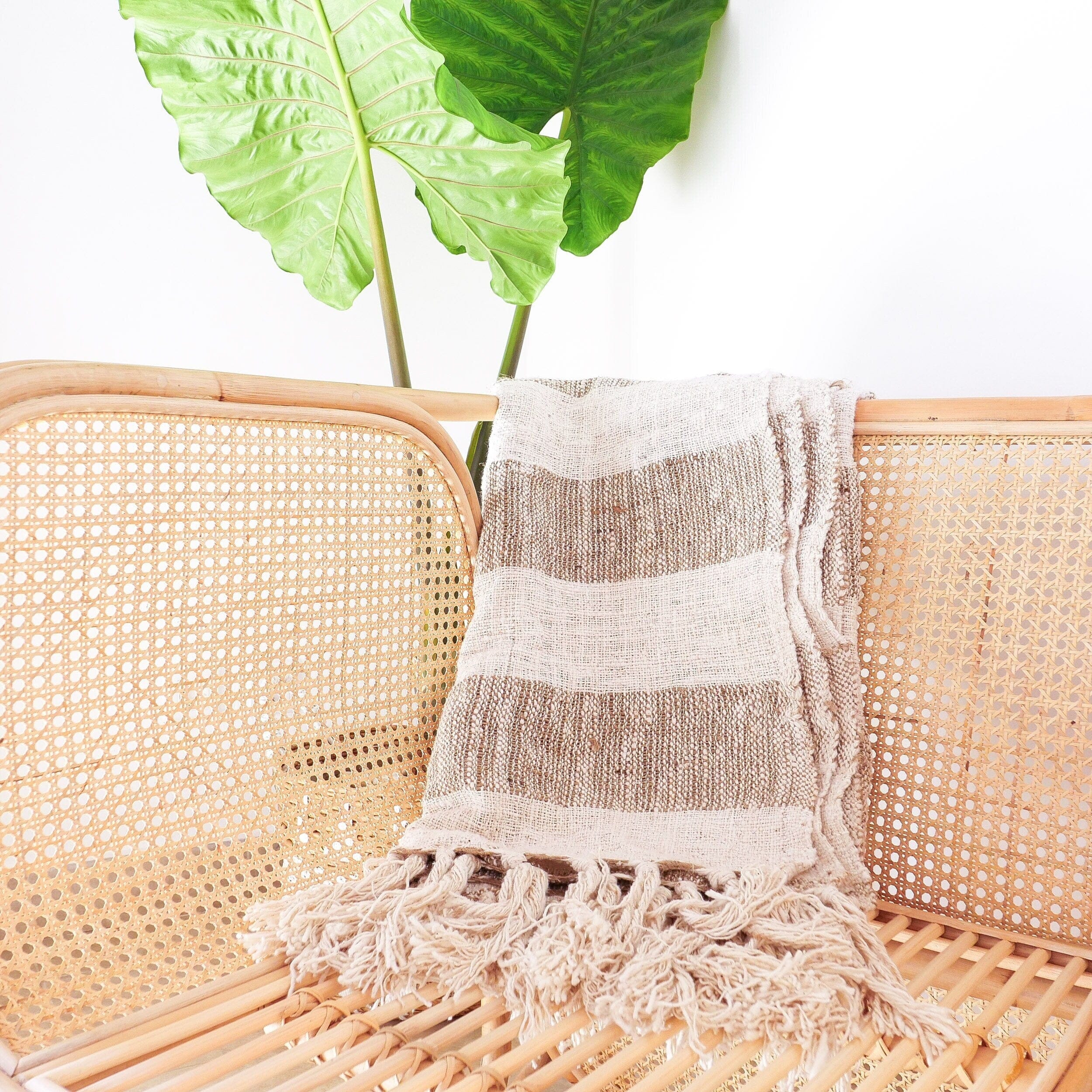 Natural Raw Cotton Hand-Knitted Throw Blanket with Fringes - Organic Cotton Linen Bedspread and Couch Blanket