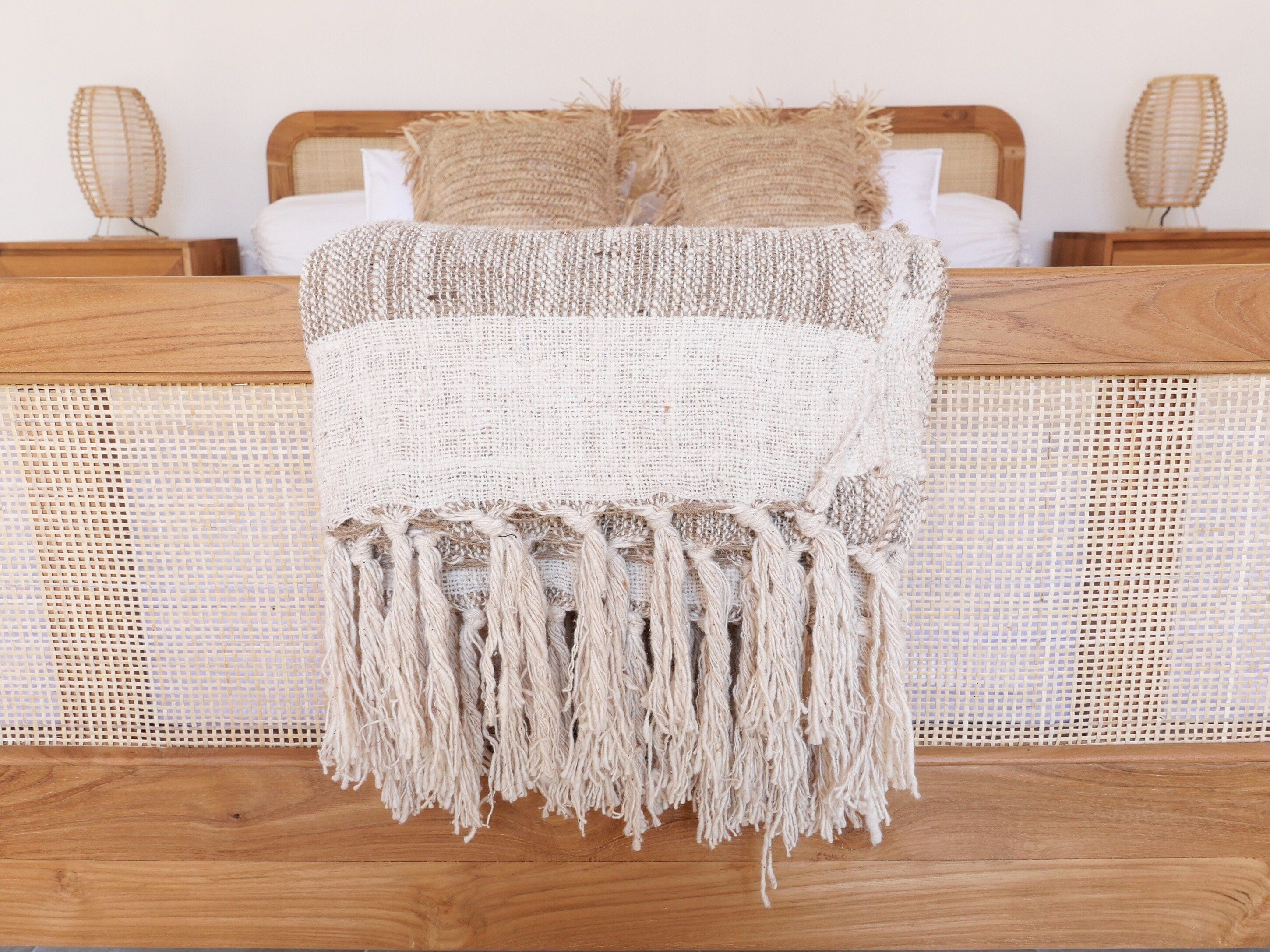 Natural Raw Cotton Hand-Knitted Throw Blanket with Fringes - Organic Cotton Linen Bedspread and Couch Blanket