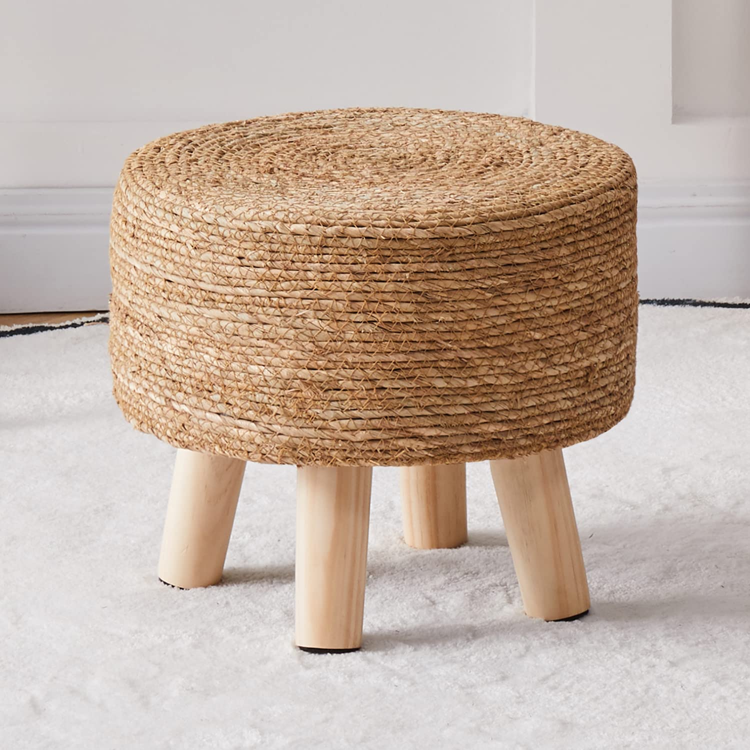 Natural Seagrass Handwoven Foot Stool - Padded Foot Rest - Stylish Pouf Ottoman for Home and Office