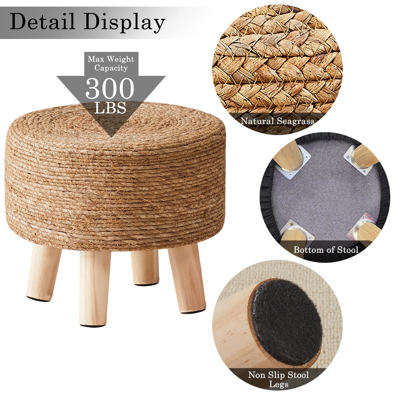 Natural Seagrass Handwoven Foot Stool - Padded Foot Rest - Stylish Pouf Ottoman for Home and Office