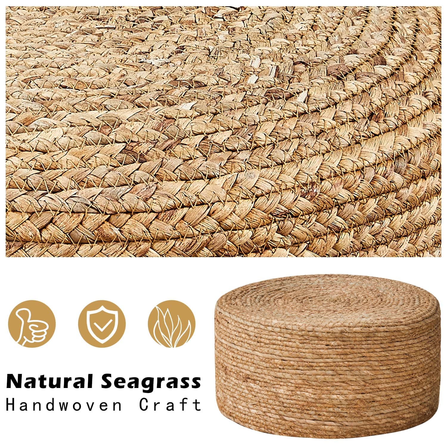 Natural Seagrass Handwoven Foot Stool - Padded Foot Rest - Stylish Pouf Ottoman for Home and Office