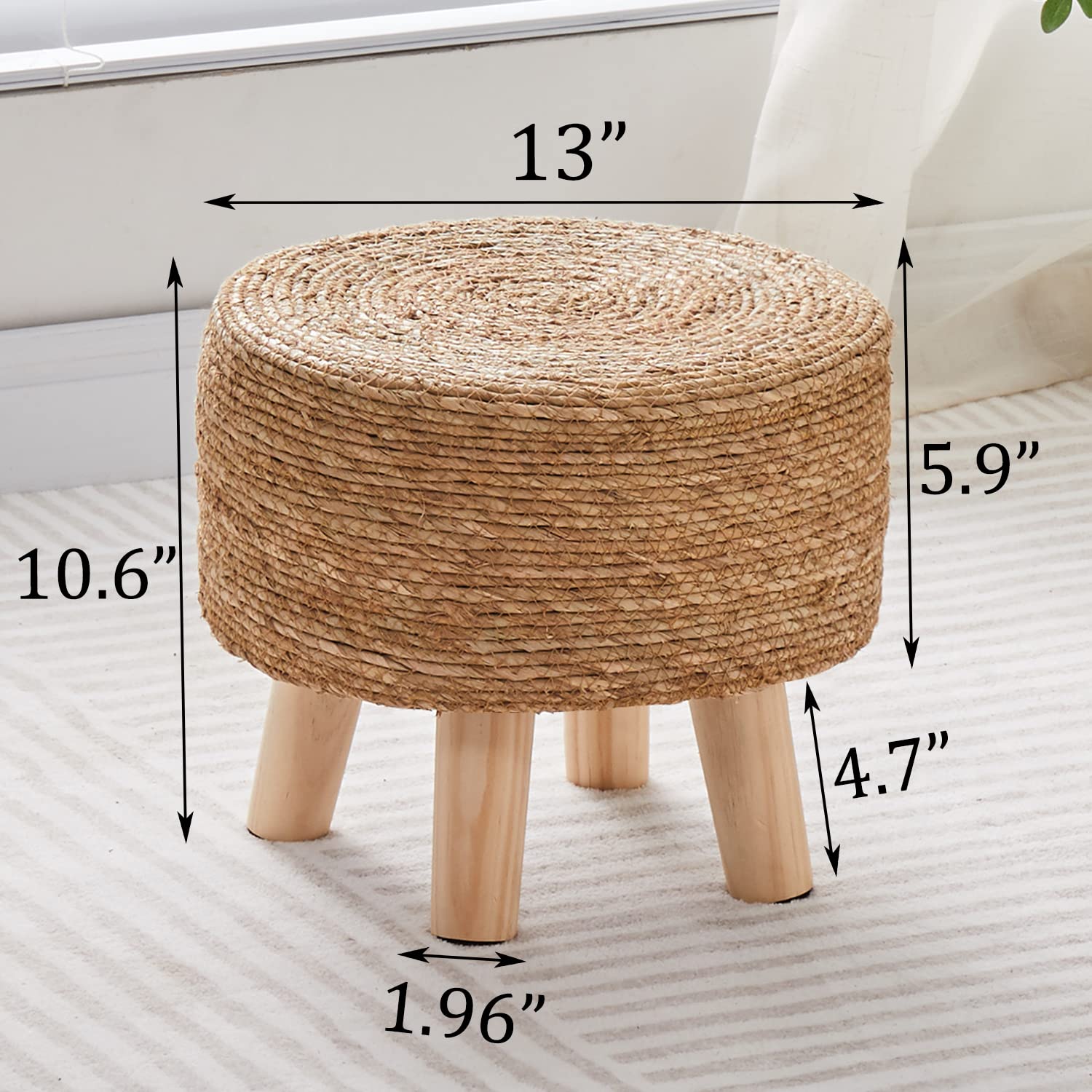 Natural Seagrass Handwoven Foot Stool - Padded Foot Rest - Stylish Pouf Ottoman for Home and Office