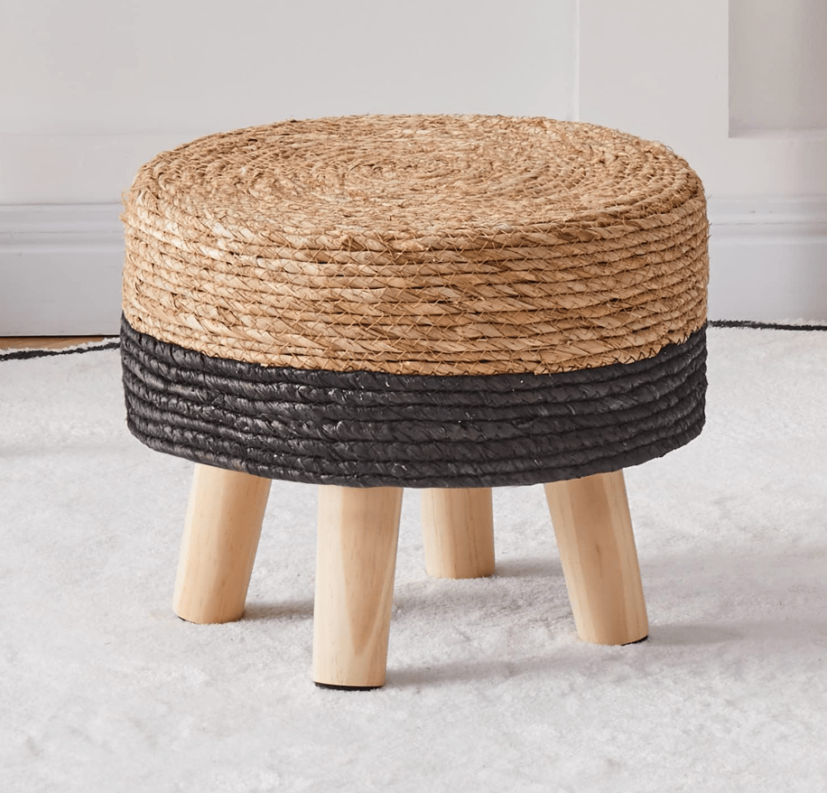 Natural Seagrass Handwoven Foot Stool - Padded Foot Rest - Stylish Pouf Ottoman for Home and Office Black