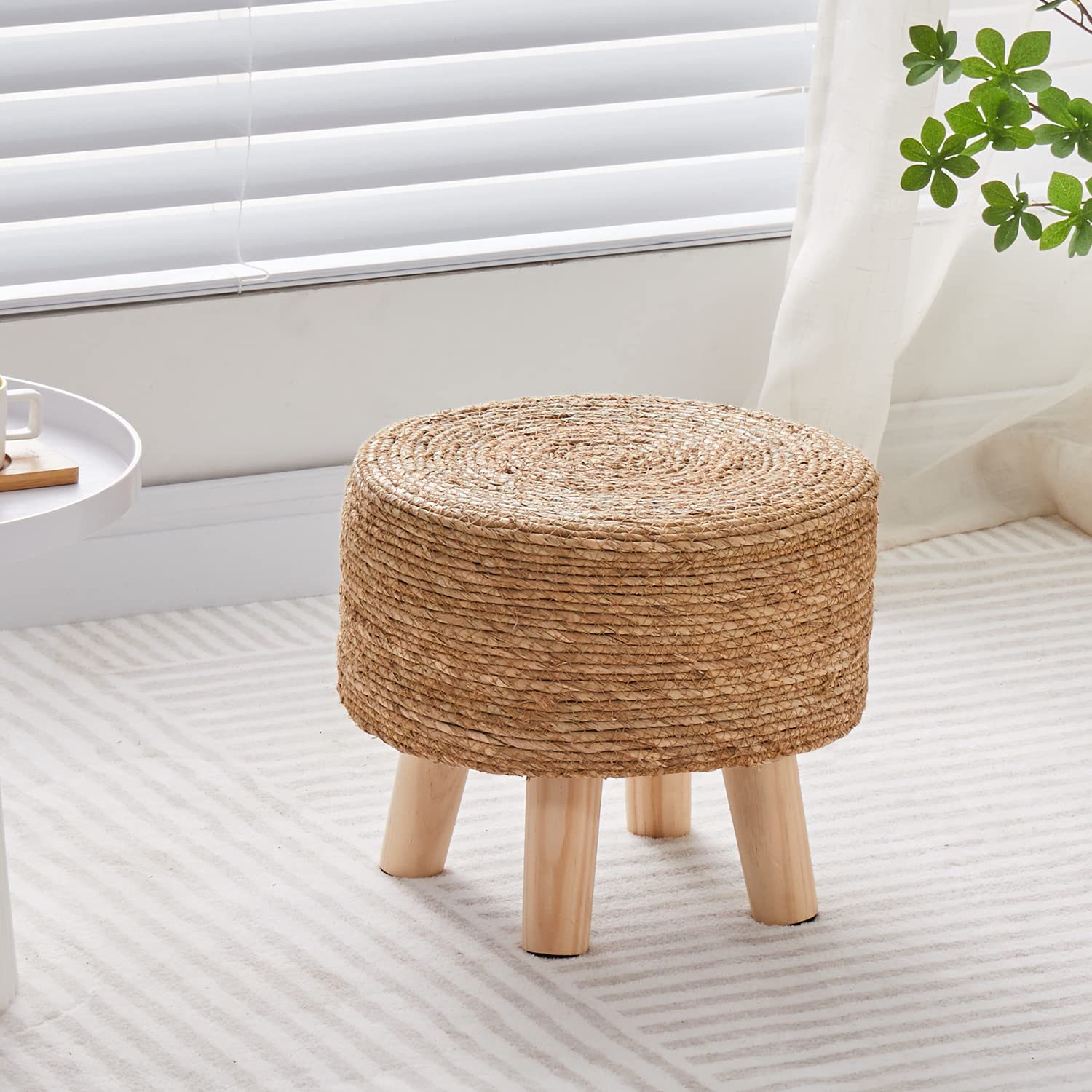 Natural Seagrass Handwoven Foot Stool - Padded Foot Rest - Stylish Pouf Ottoman for Home and Office Natural