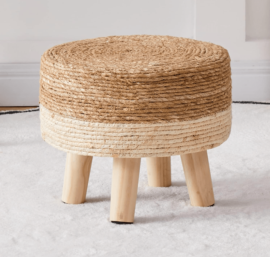 Natural Seagrass Handwoven Foot Stool - Padded Foot Rest - Stylish Pouf Ottoman for Home and Office White