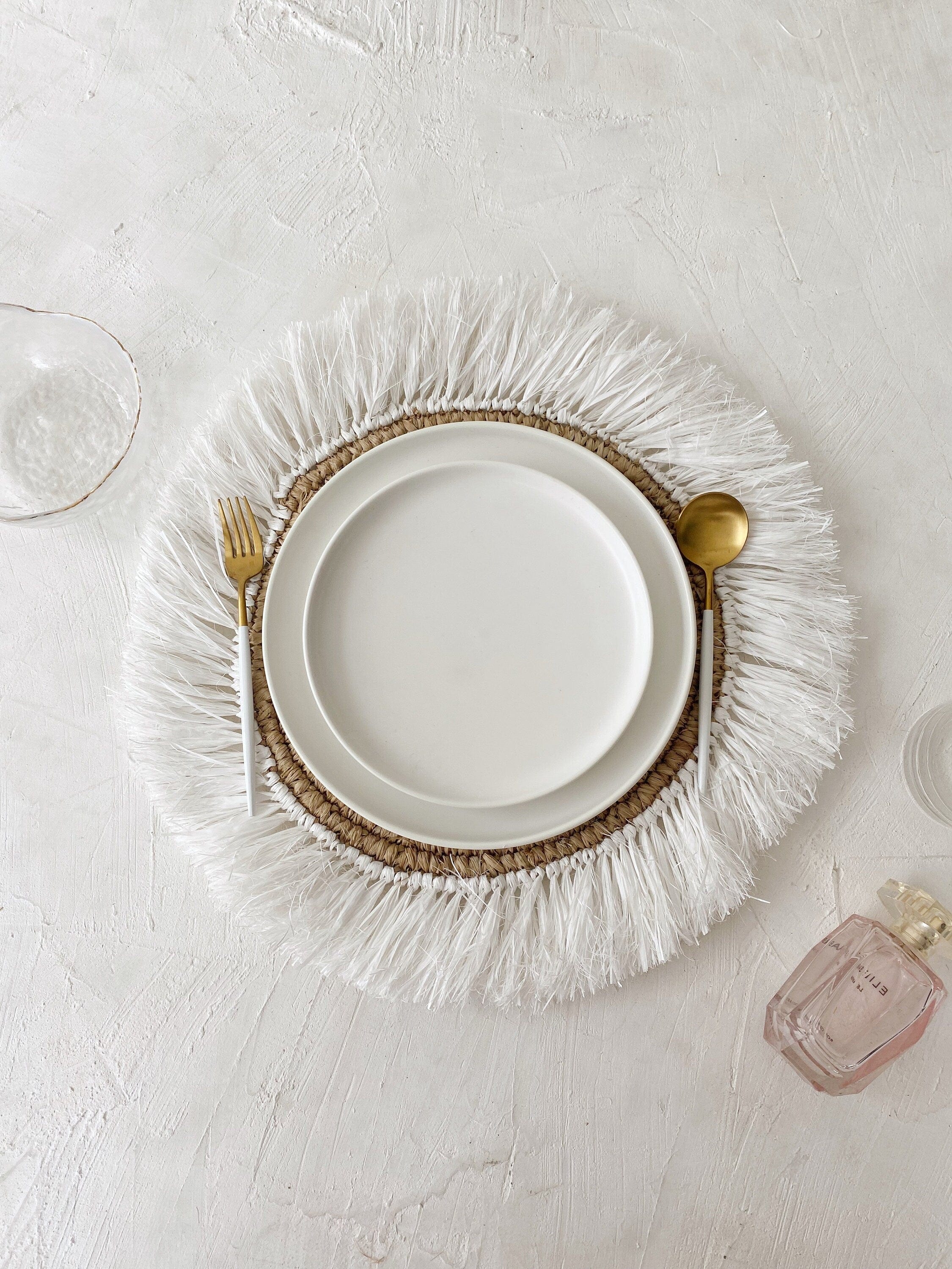 Natural White Fringe Placemats – Boho Handwoven Table Decor