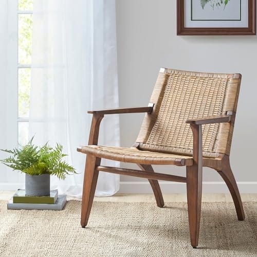 Natural Wood and Rattan High-Back Accent Chair - Fully Assembled, Coastal Cottage Style