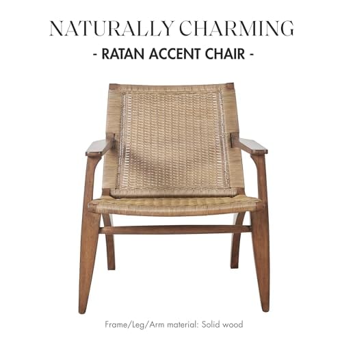 Natural Wood and Rattan High-Back Accent Chair - Fully Assembled, Coastal Cottage Style