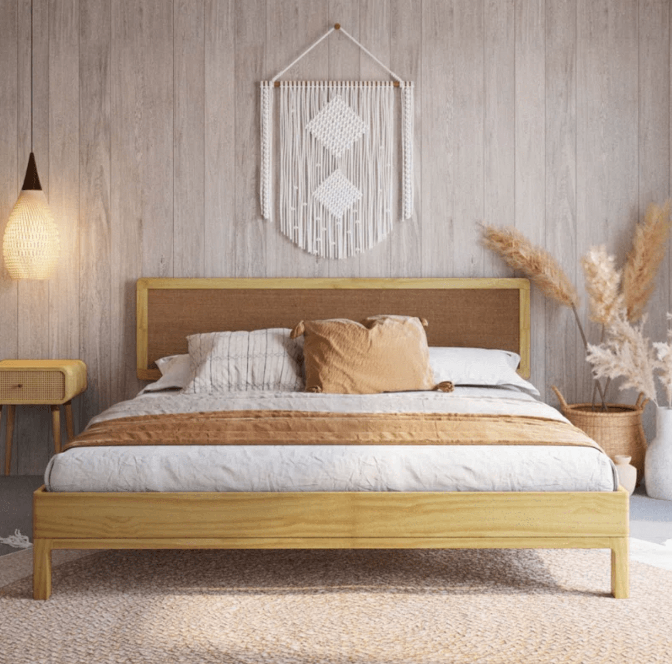 Natural Wood Queen Platform Bed - Boho Style, Adjustable Height Headboard, No Box Spring Needed King