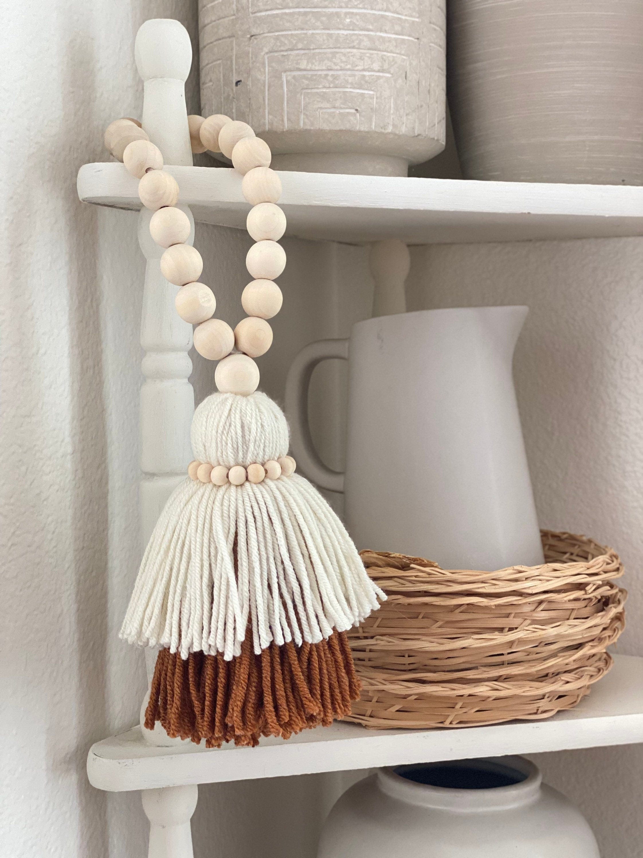 Neutral Wooden Bead Garland with Double-Layered Tassel - Farmhouse Scandinavian Home Decor - Unique Wood Beads