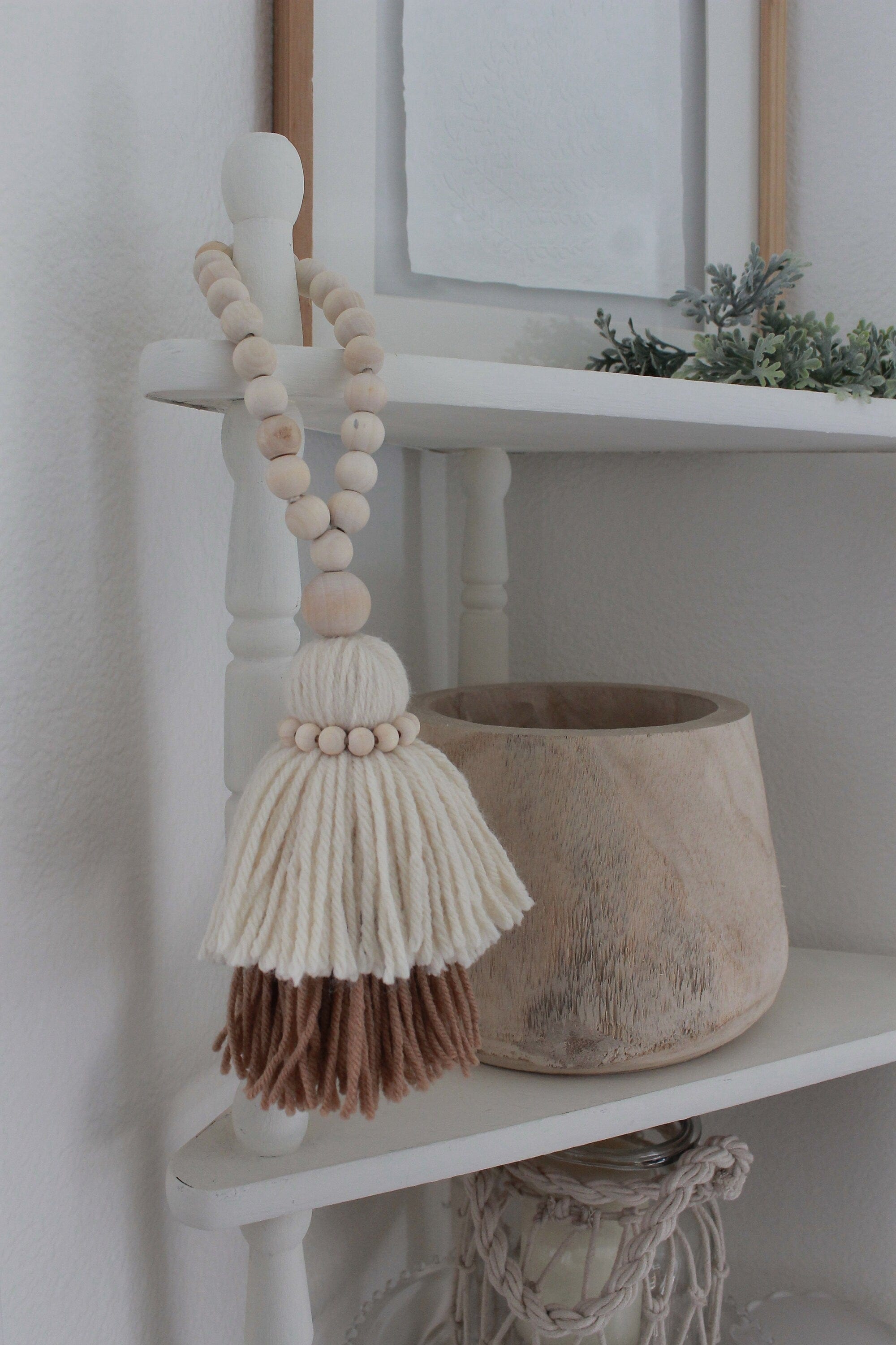 Neutral Wooden Bead Garland with Double-Layered Tassel - Farmhouse Scandinavian Home Decor - Unique Wood Beads