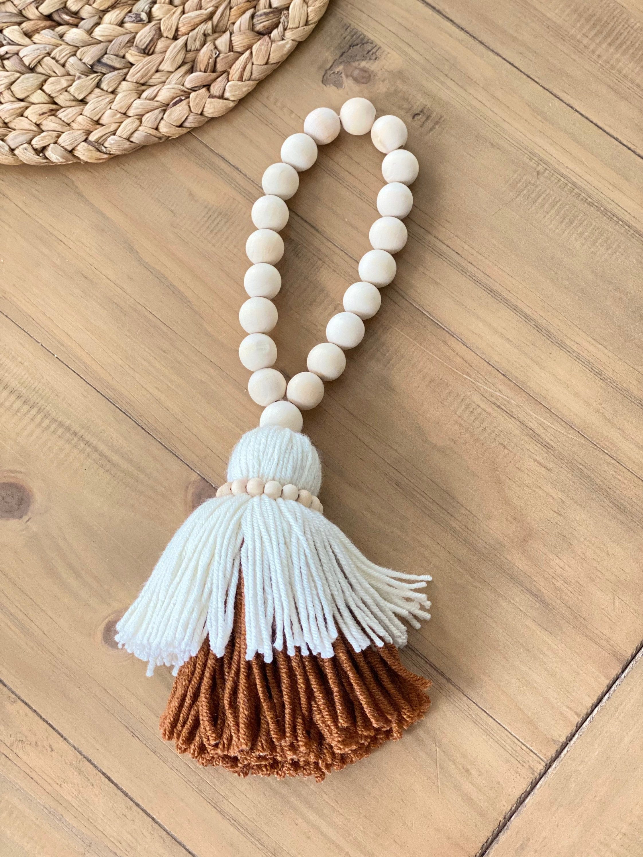 Neutral Wooden Bead Garland with Double-Layered Tassel - Farmhouse Scandinavian Home Decor - Unique Wood Beads