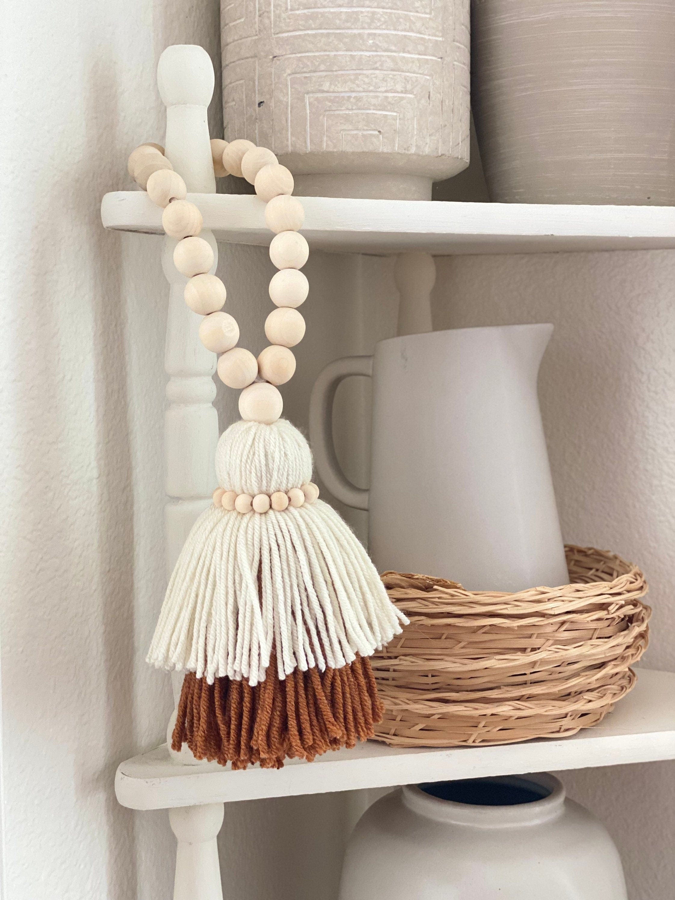 Neutral Wooden Bead Garland with Double-Layered Tassel - Farmhouse Scandinavian Home Decor - Unique Wood Beads