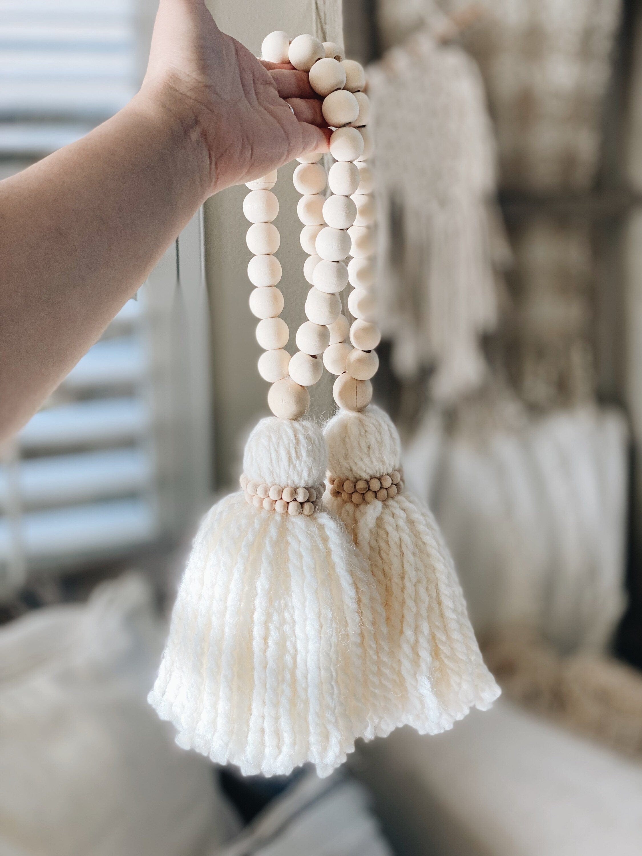 Neutral Wooden Bead Garland with Tassel - Farmhouse Scandinavian Home Decor - Book Stack, Tray, Door Knob Accent