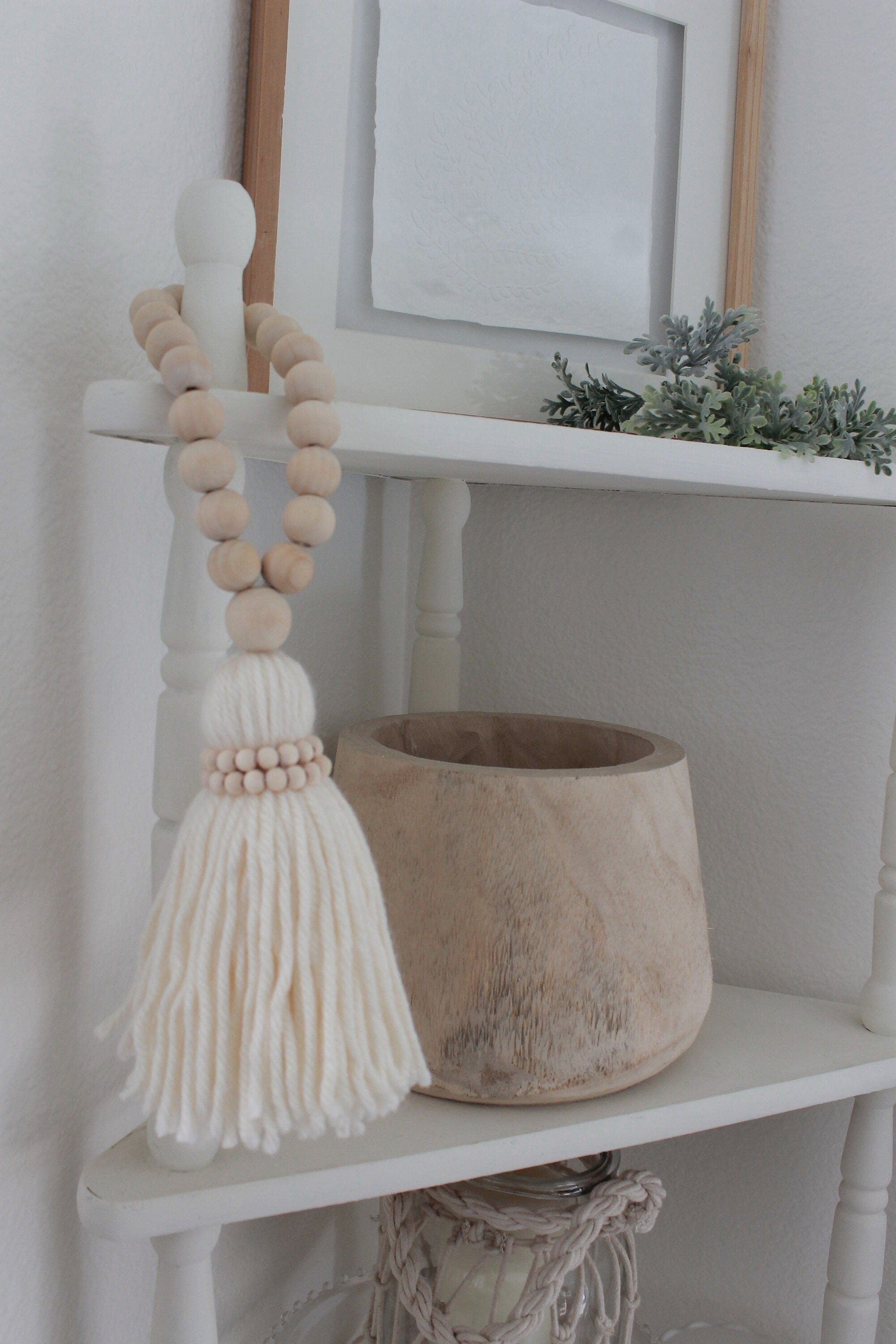 Neutral Wooden Bead Garland with Tassel - Farmhouse Scandinavian Home Decor - Book Stack, Tray, Door Knob Accent