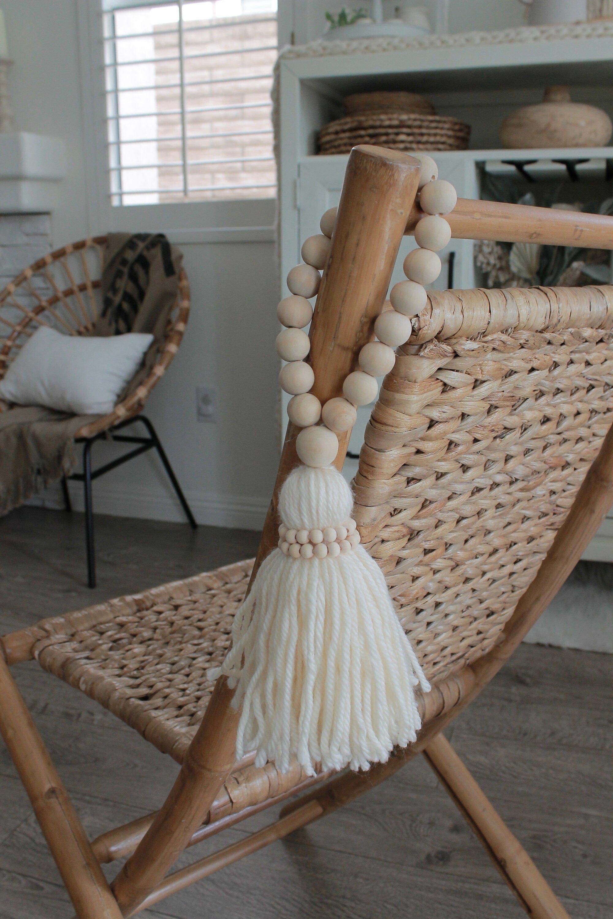 Neutral Wooden Bead Garland with Tassel - Farmhouse Scandinavian Home Decor - Book Stack, Tray, Door Knob Accent