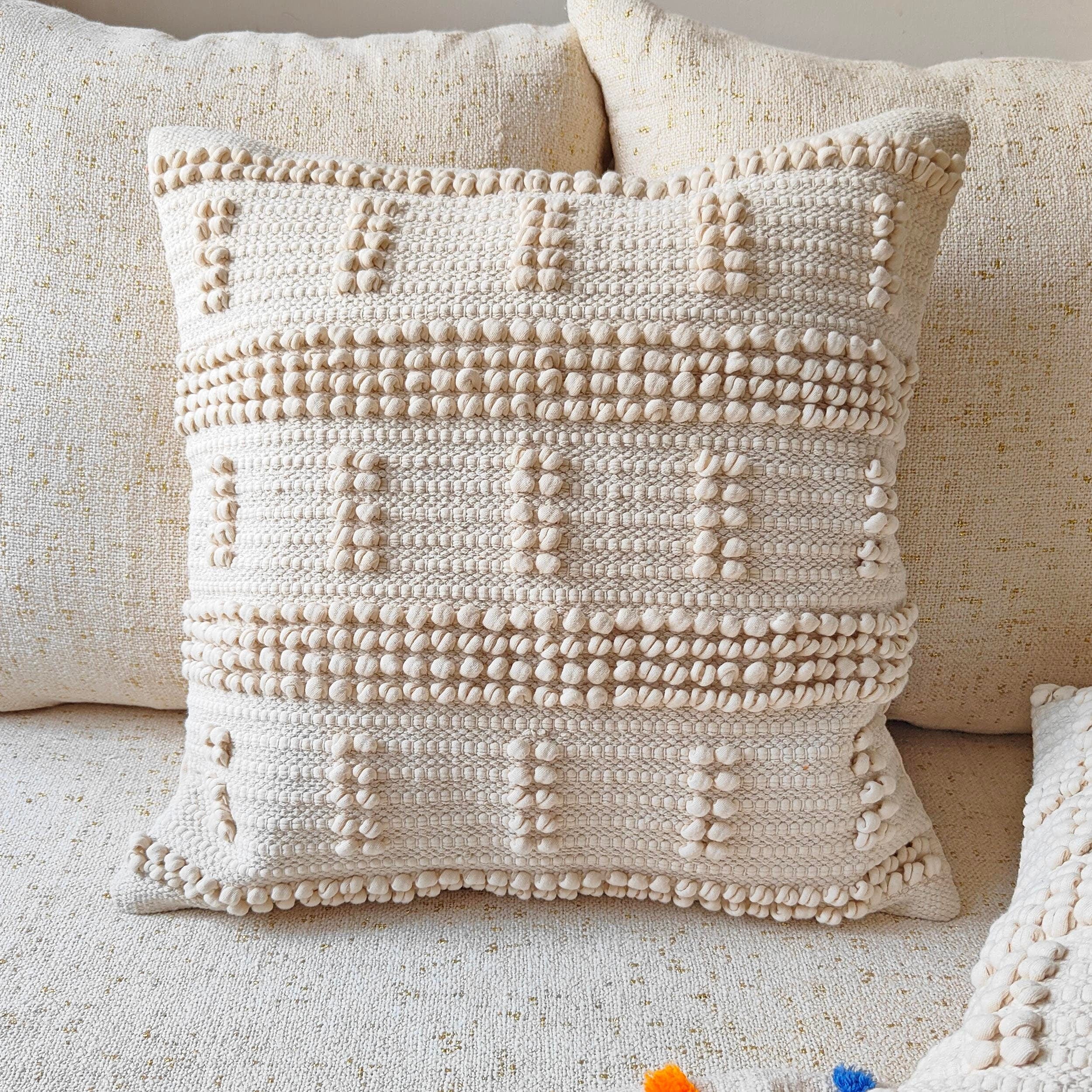 Off White Cream Cotton Hand Loom Woven 20x20 Inches Boho Throw Pillow Case Decorative Cushion Cover 100% Handmade