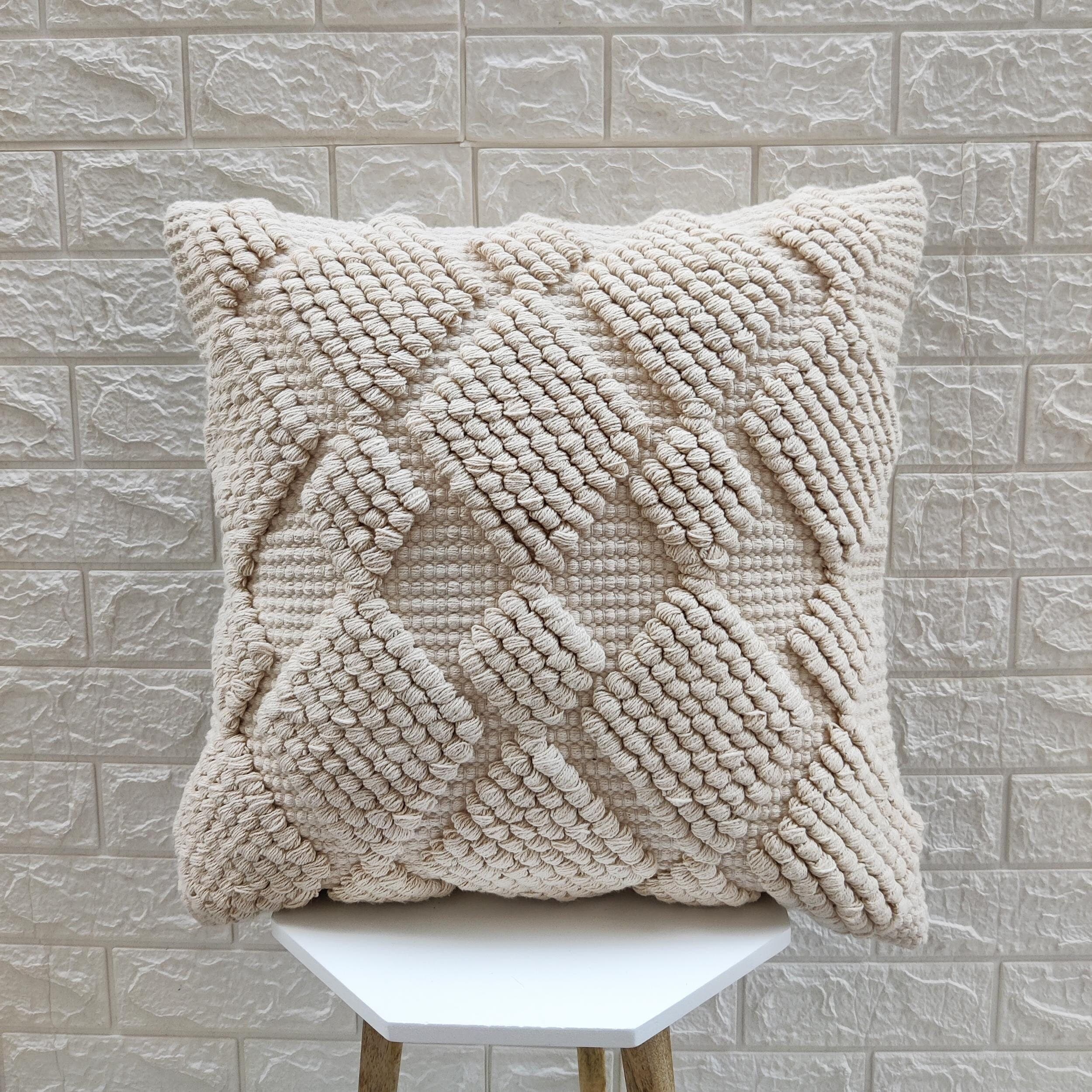 Off White Ivory 100% Cotton Hand Loom Woven 20x20 Inches Boho Decorative Cream Throw Pillow Cover Textured Cushion Cover