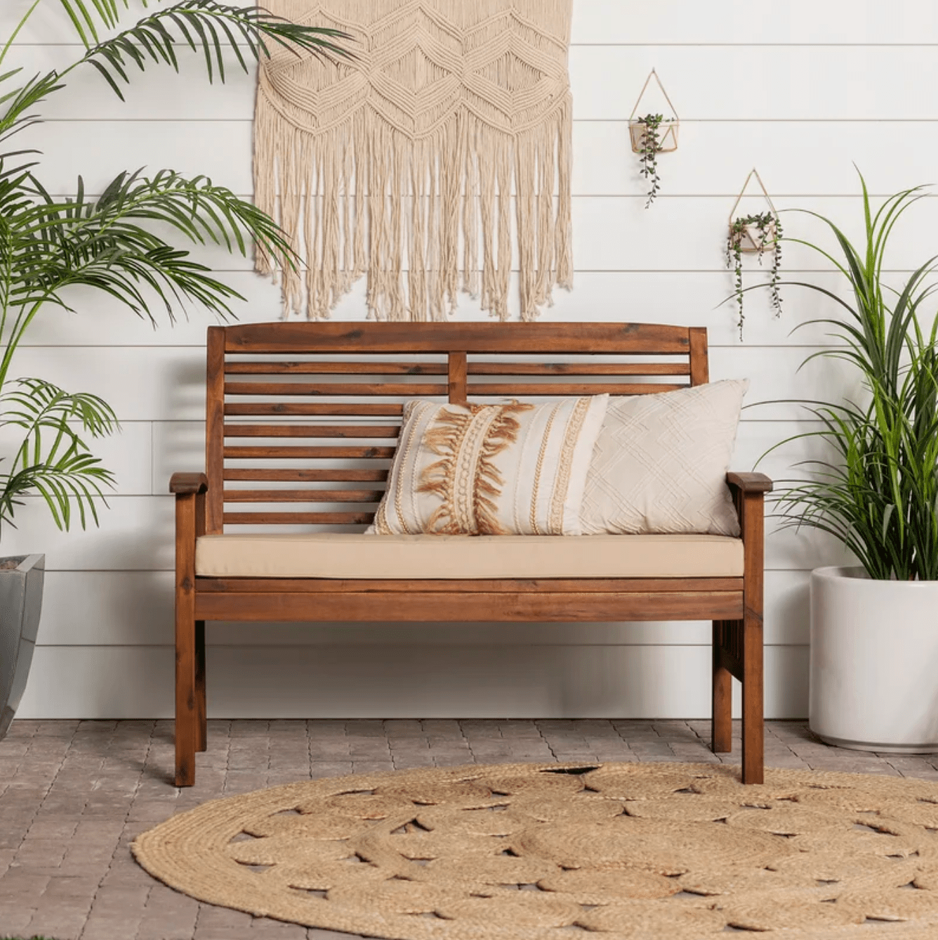 Outdoor Acacia Wood Loveseat with Cushion - Classic Mission-Style Design - Weather-Resistant Patio Furniture