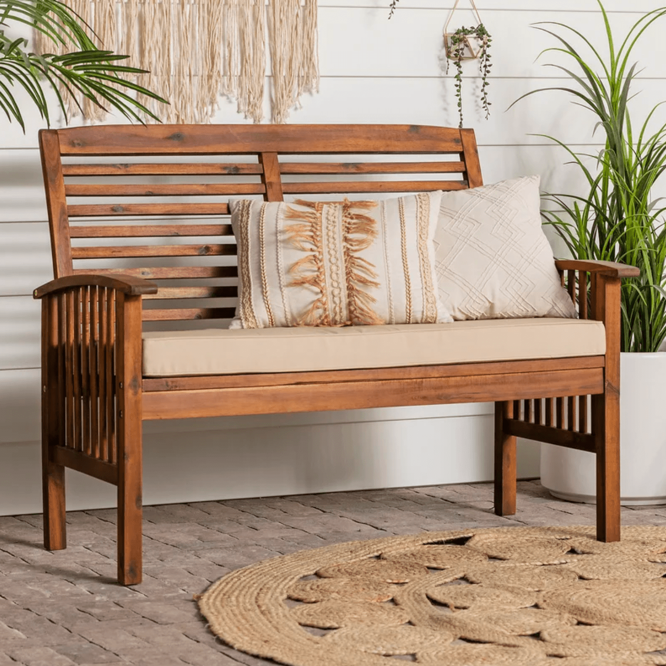 Outdoor Acacia Wood Loveseat with Cushion - Classic Mission-Style Design - Weather-Resistant Patio Furniture