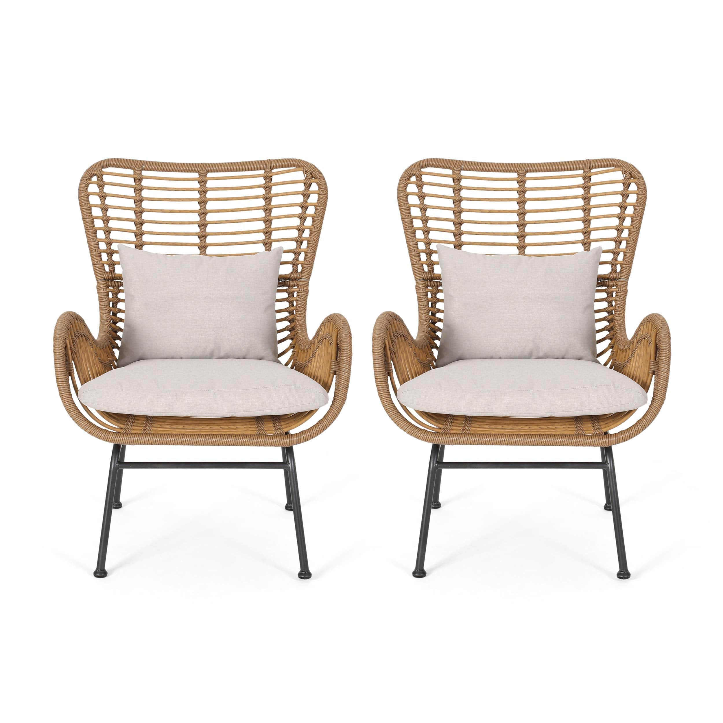 Outdoor Wicker Club Chairs with Cushions (Set of 2), Light Brown and Beige