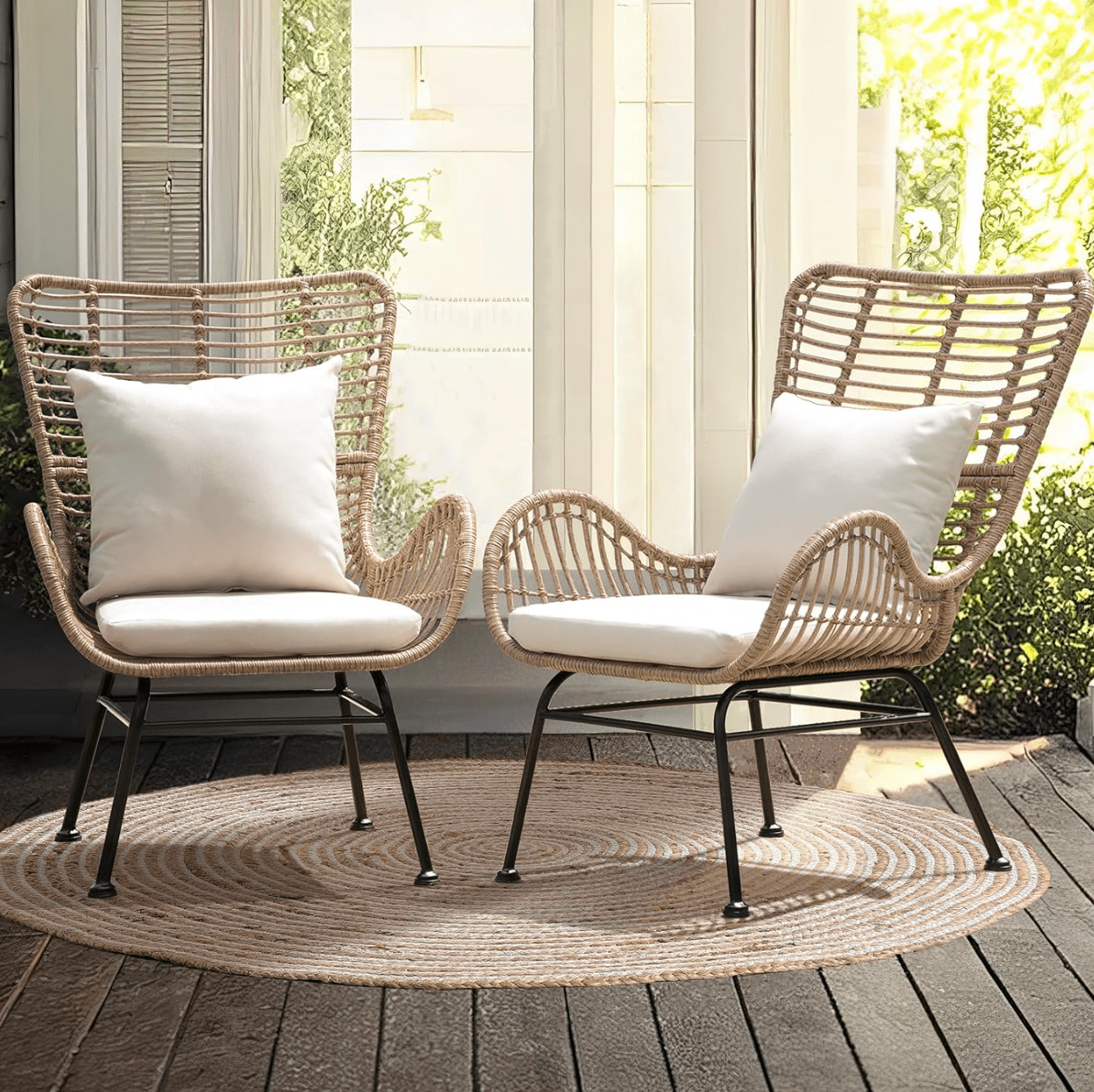 Outdoor Wicker Club Chairs with Cushions (Set of 2), Light Brown and Beige