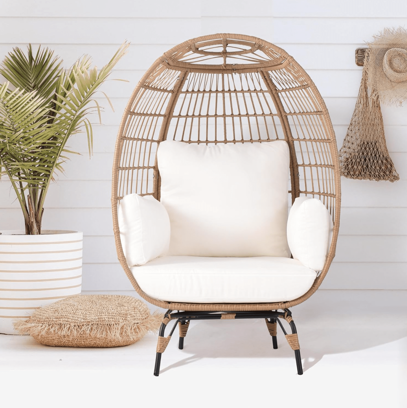 Oversized Egg Style Wicker Chair with Canopy & 4 Cushions - Indoor/Outdoor Patio Lounge Basket, Beige - Boho Inspired