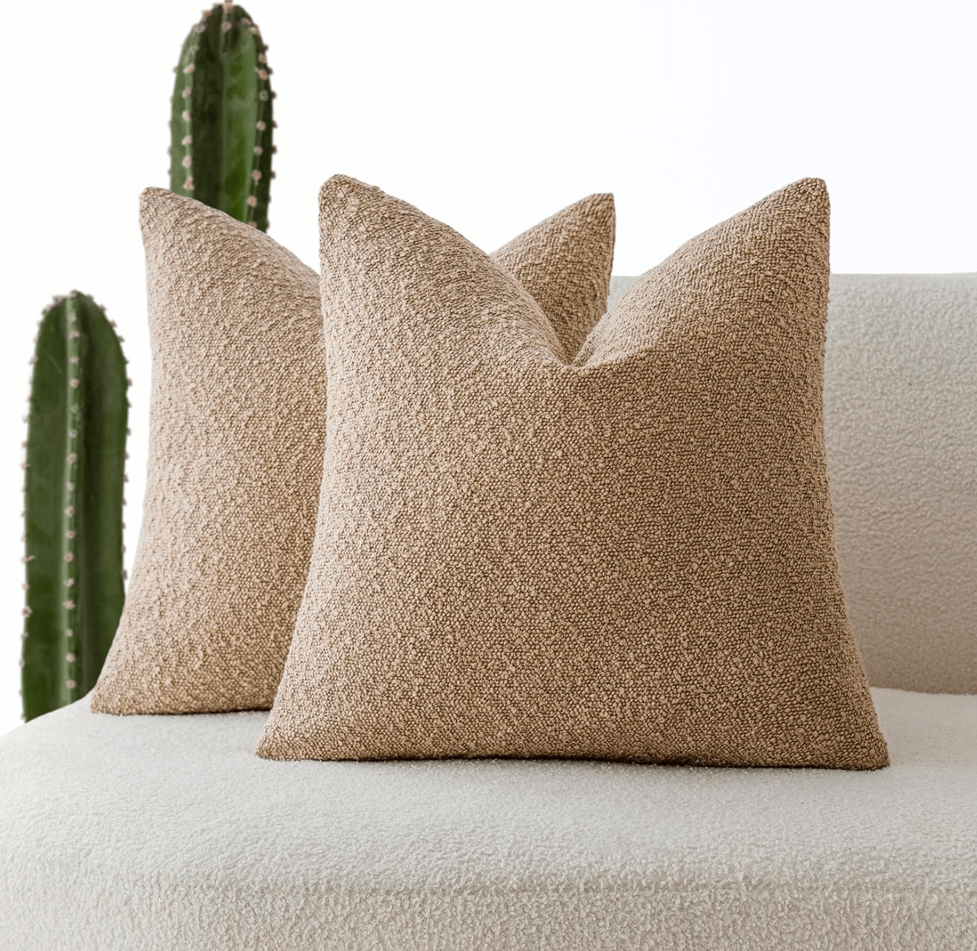 Pack of 2 Textured Boucle Throw Pillow Covers - Cozy Soft Decorative Cushion Cases for Couch, Chair, Sofa, Bedroom, Living Room - 18x18 Inch, Oatmeal, Beige, Tobacco, Camel Camel